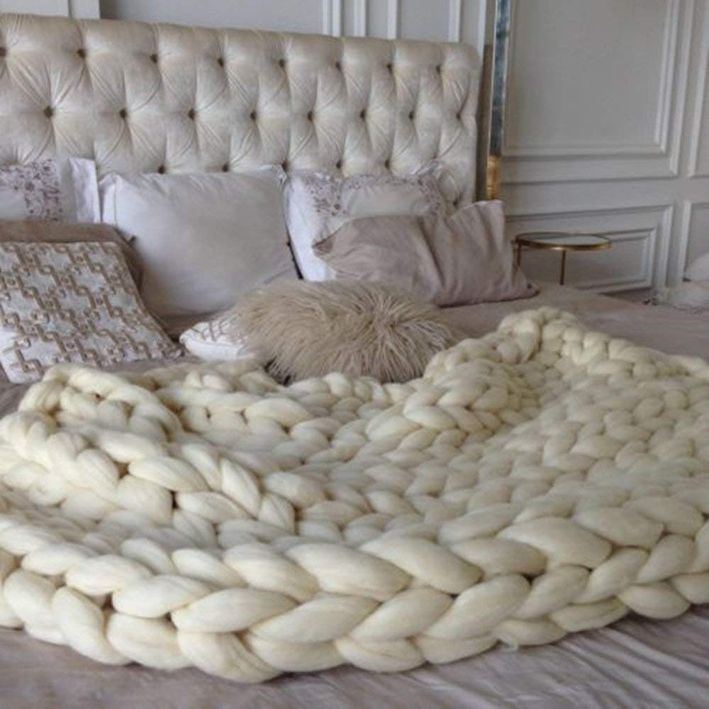 Doux Plaid Tricot Grosse Maille, Fait Main Super Épais Couverture Tricotée en Laine, Respirant Confortable Chaud Couverture de Canapé Jeté de Lit, pour Canapé Lit Fauteuil Jardin ( Color : Beige , Siz