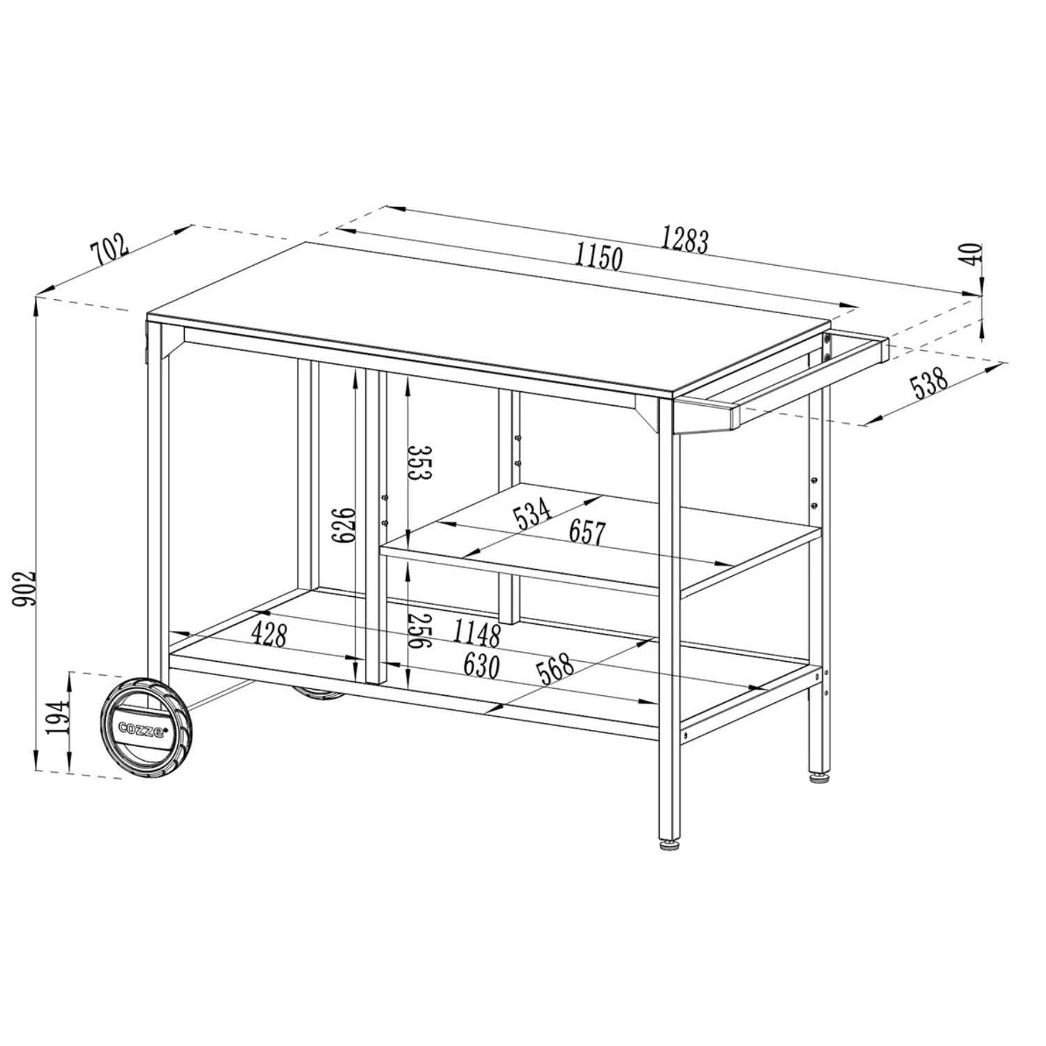 Cozze® BBQ Station Carro para Barbacoa 115 cm, Mesa Exterior de Acero galvanizado, Estante Ajustable 3 Niveles para Horno de Pizza, Ruedas Grandes y Patas Regulables, Carga máx. 100 kg