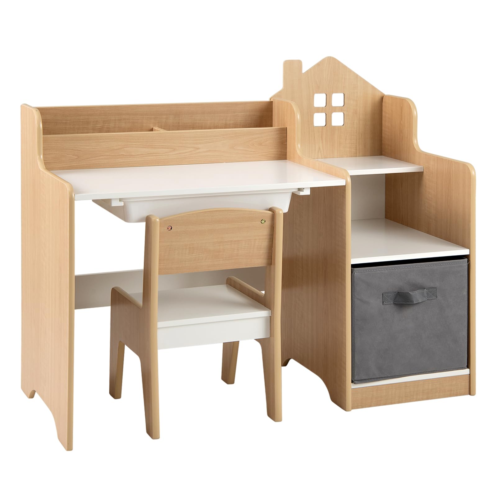 DREAMADE Schreibtisch Kinder mit Stuhl, Schülerschreibtisch mit 2 offenen Fächern & 2 offenen Regale & Schubladen, Kinderschreibtisch für Jungen und Mädchen ab 3 Jahren (Natur)