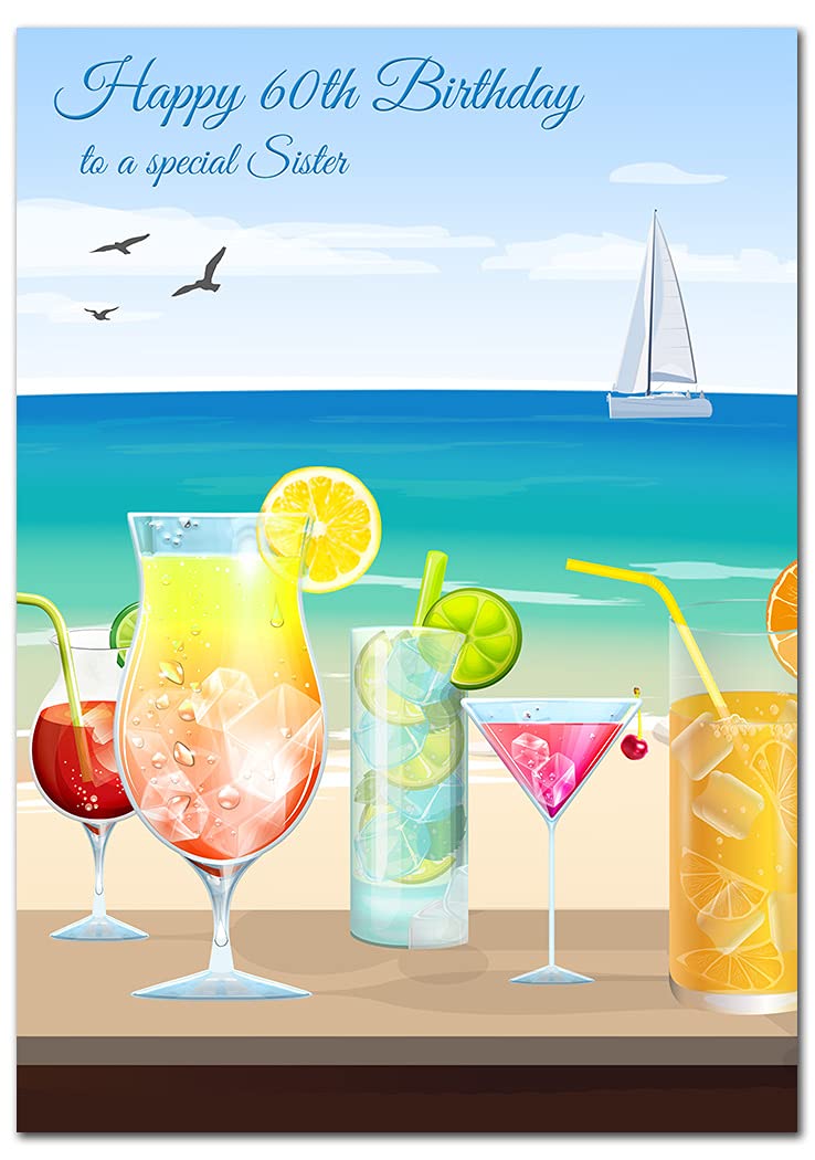 Extra Large Sister 60th Birthday Card - XL Big thick A4 size - Special Age Year Greeting Her Women Female - Beautiful Art Cocktails Drink Beach Bar Cool - Nice Huge Happy Wishes UK Eco-Friendly — image 1