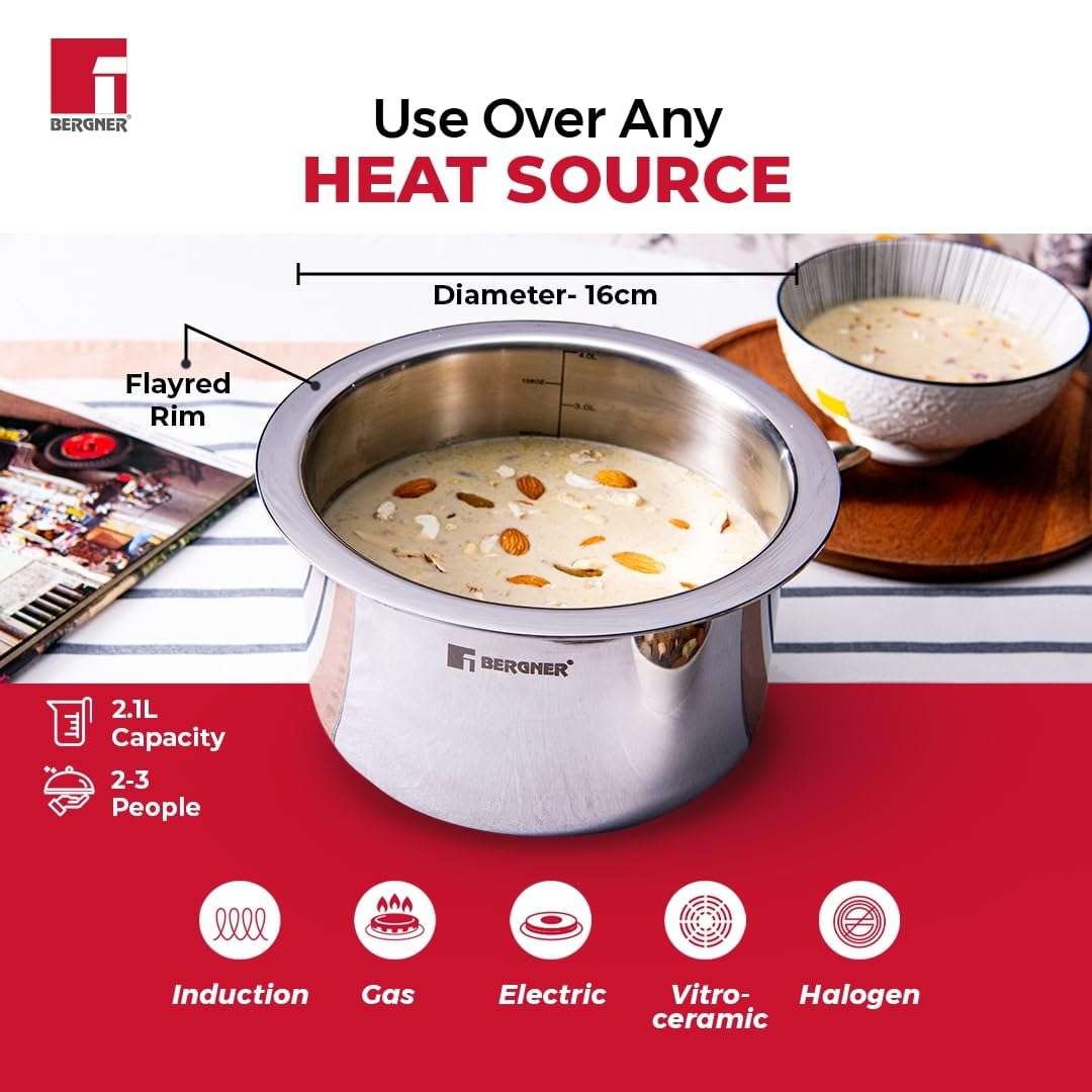 Bergner TriPro Tri-ply Stainless Steel Tope (Patila) with Stainless Steel Lid 16 cm, 2.1 Litre, Induction Base, Easy-use Flared Rim, Silver