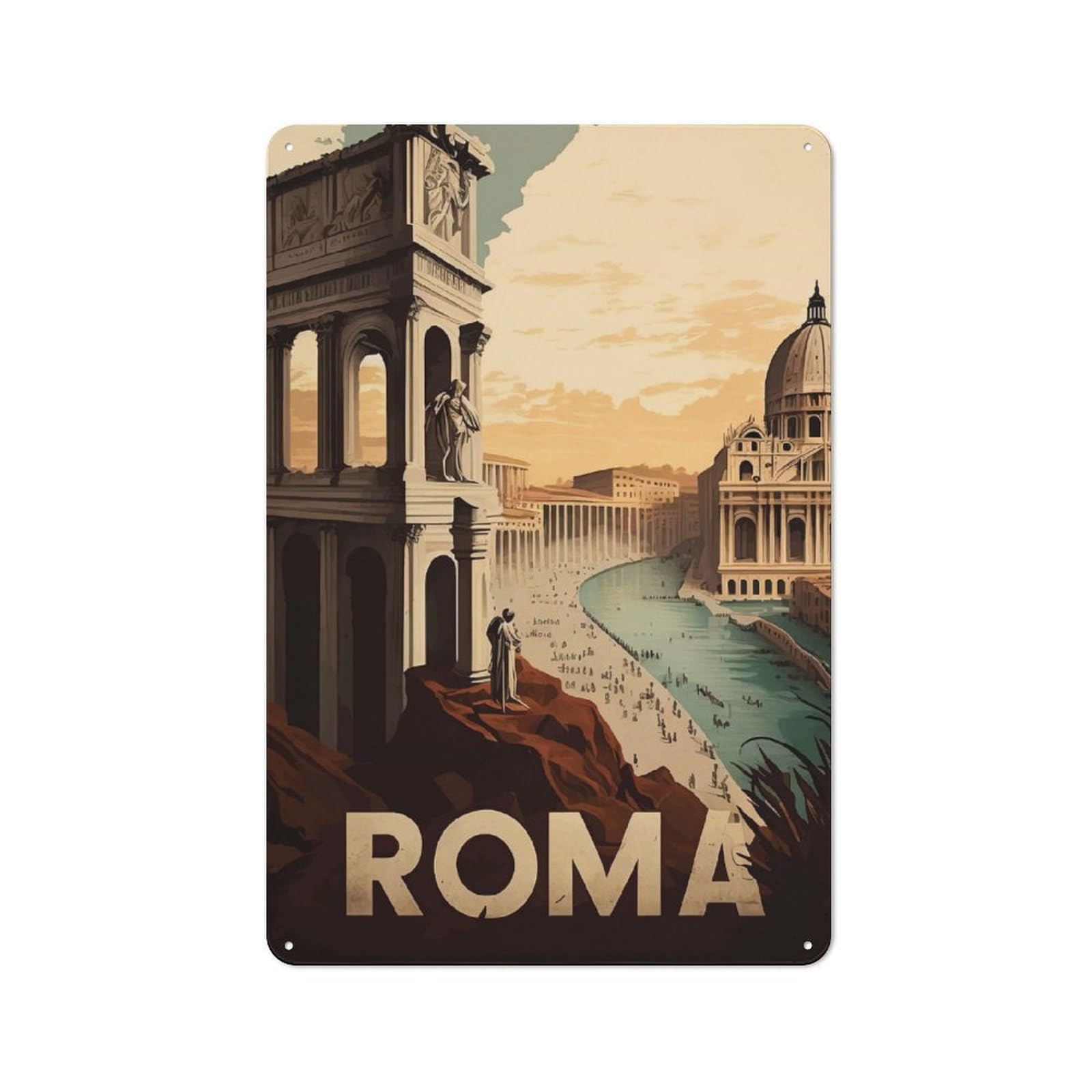 Junmoney Style-9 Rustic Tin Sign 30X20cm Featuring Roma Travel (2) For Living Room Wall, For Room Styling Across Living Rooms And Feature Walls