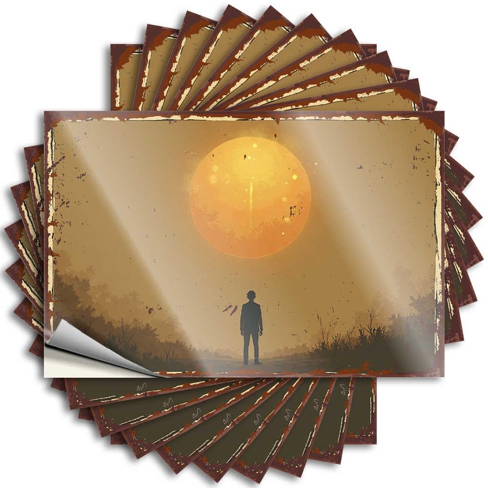 Silhouette Stands Before Giant Orange Sun Cheap Rustic - Funny Sticker Case Removable Vinyl Decal(8X12CM)