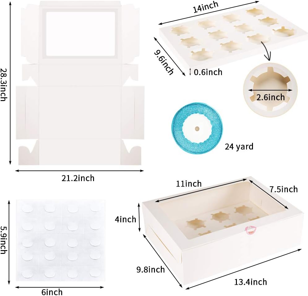 YunKo 15 Pack Dozen Cupcake Boxes White Cupcake Containers with Window Fit 12 Cupcakes or Muffins