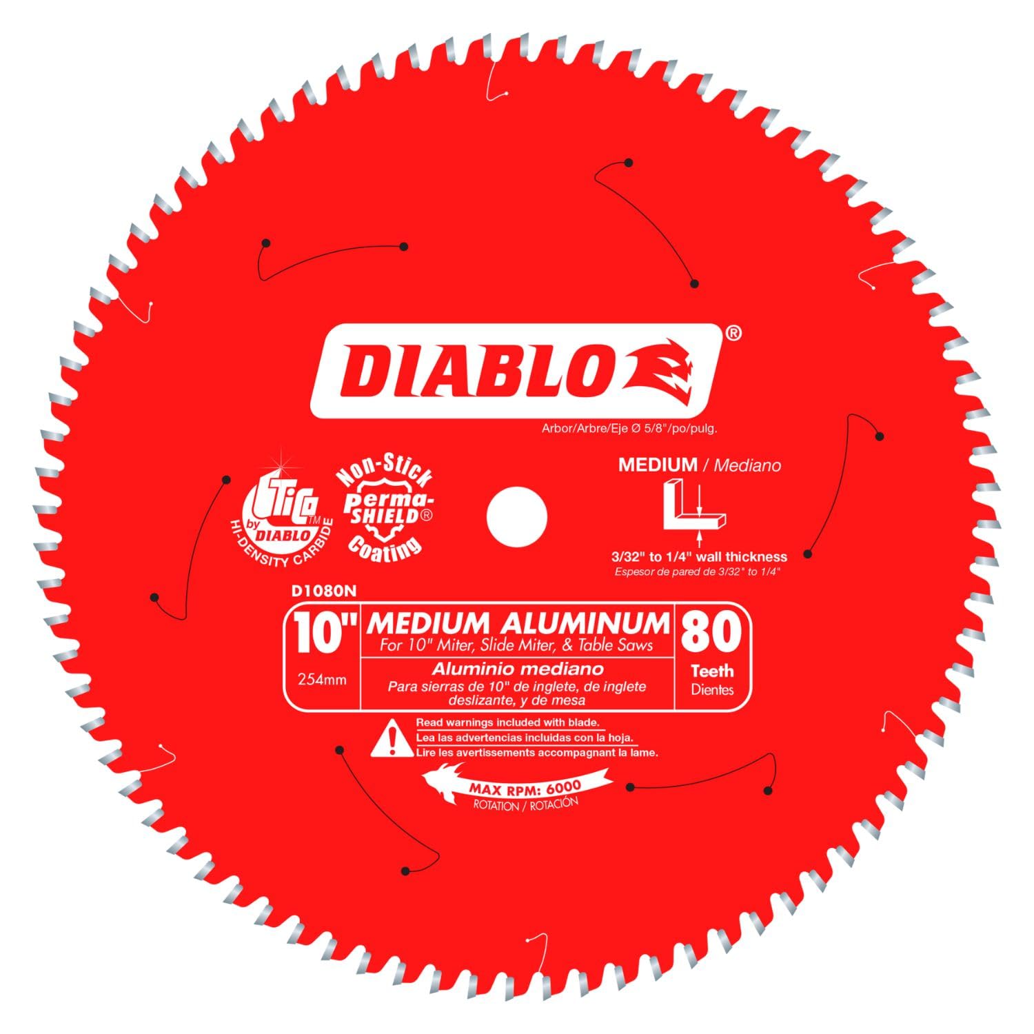 Saw Blade for Medium Aluminum - 10" Diameter, 80 TCG Teeth, 5/8" Arbor, .094" Kerf, -5° Hook Angle, .071" Plate, 6000 Max RPM - D1080N