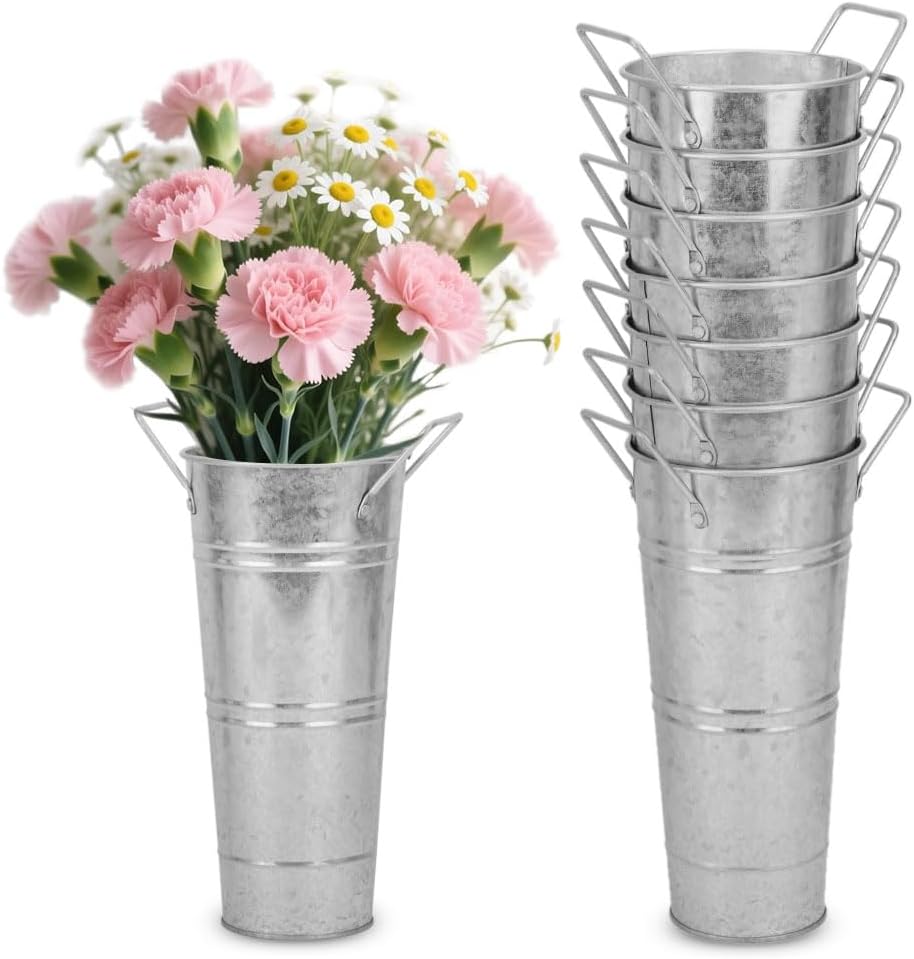 8 Pcs 10 Inch Galvanized Metal Vase, Farmhouse Decorative Flower Buckets for Cut Flowers, French Country Decorative Vases for Home Table Wedding Birthday (Sliver)