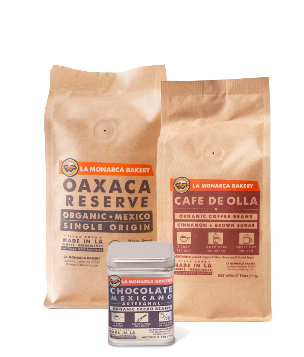 Mexican Beverage Trio (3 pack) Café De Olla Ground Coffee, Mexican Hot Chocolate, and Organic Oaxaca Reserve Medium Roasted Beans