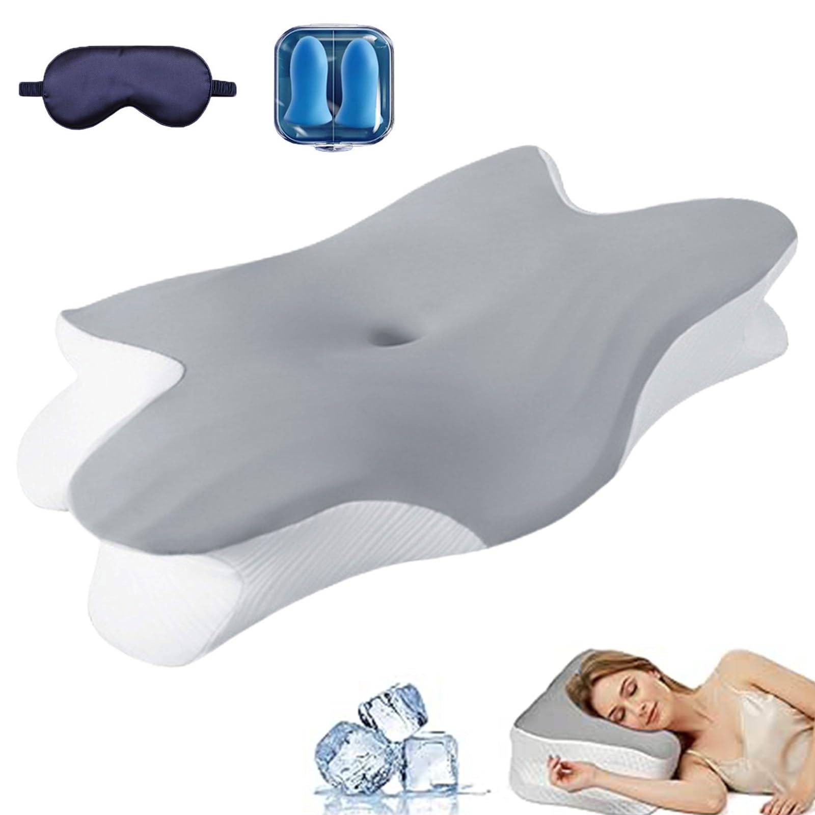 Hopasrisee Gray Ergo Pillow Sleep Apnea, Anti Snoring Ergo Pillow With Cooling Pillowcase, Ergonomic Cervical Orthopedic Pillows For Side, Back & Stomach Sleepers, Relieve Neck And Shoulder Pain(,1Pcs)