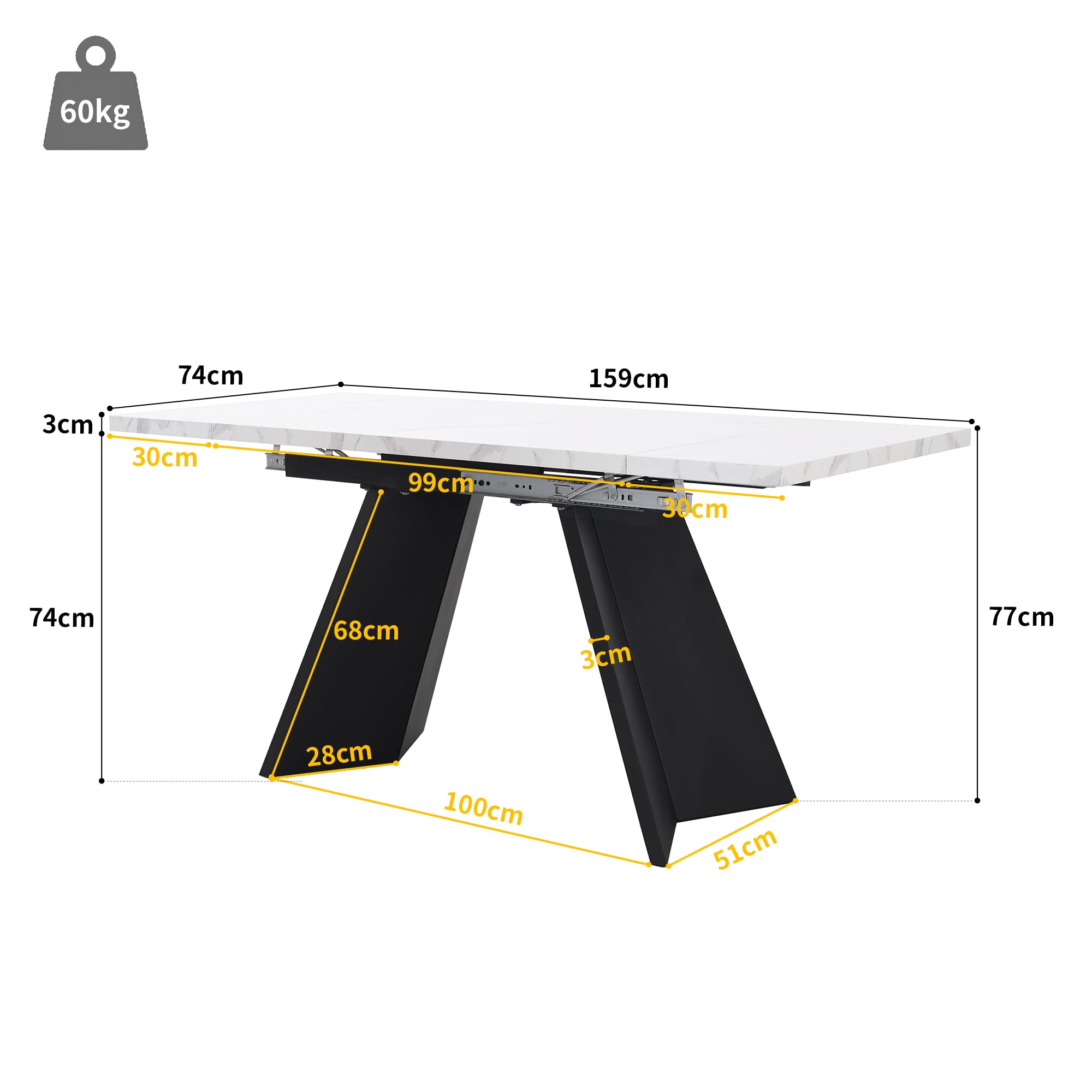 Moimhear Mesa de comedor telescópica extensible, amplia superficie de trabajo para oficina en casa y sala de estar (159 x 74 x 77 cm, mesa blanca con patas planas)