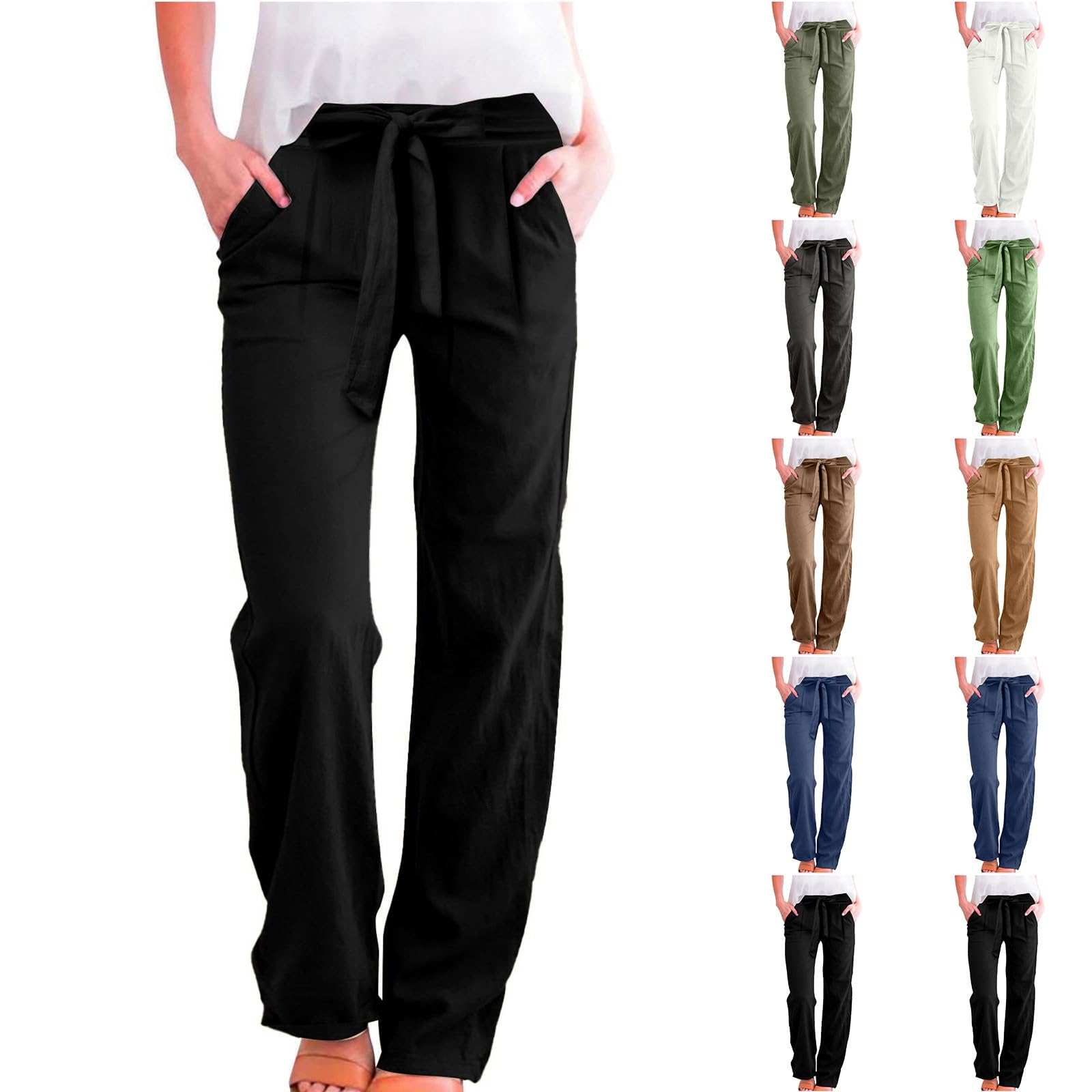 Wide Leg Dress Pants for Women Knot Tie Plus Size Linen Pants Lightweight Summer High Waisted Work Pants