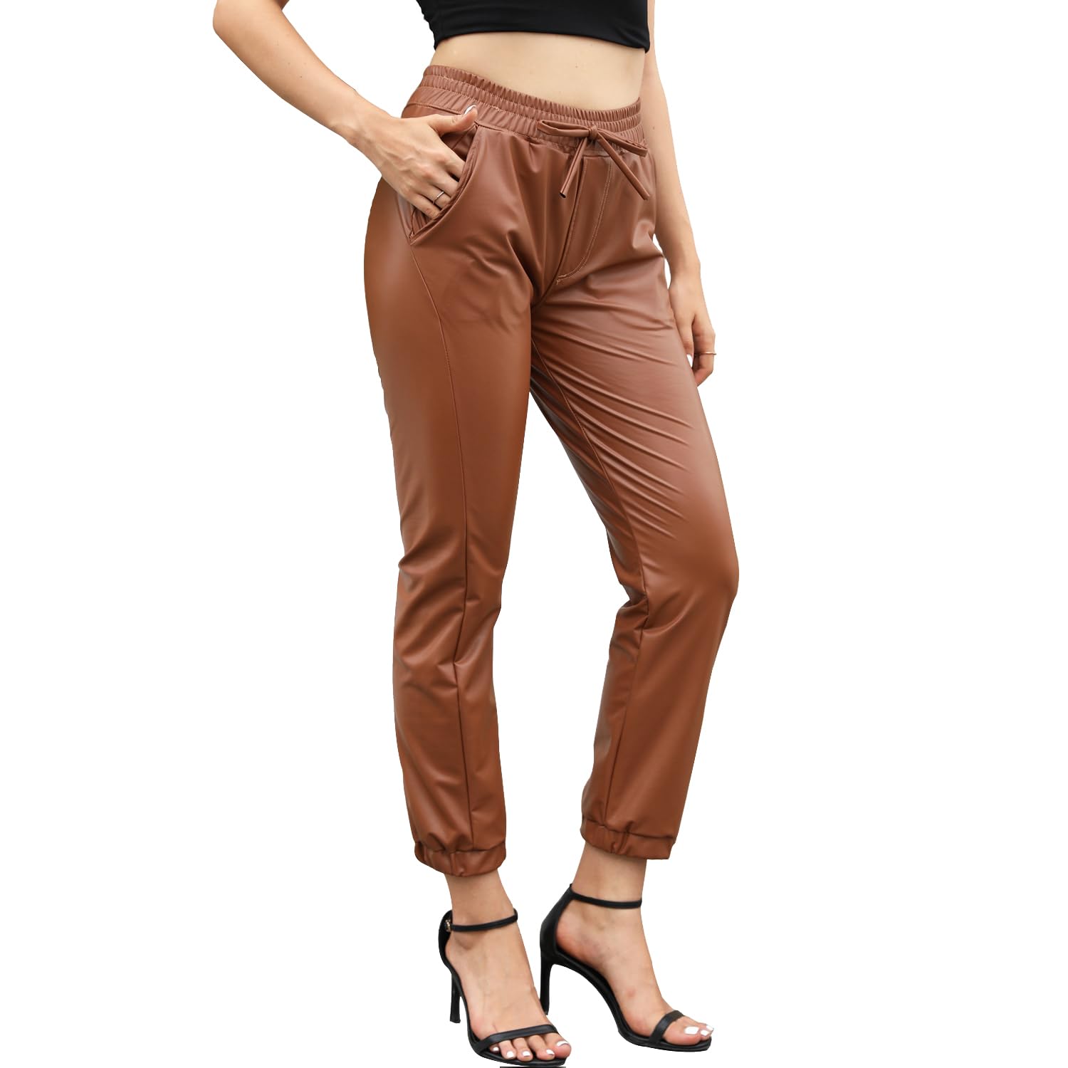 Tulucky Women's High Waisted Cropped Tapered Faux Leather Pants Stretchy Leggings with Bow-Knot
