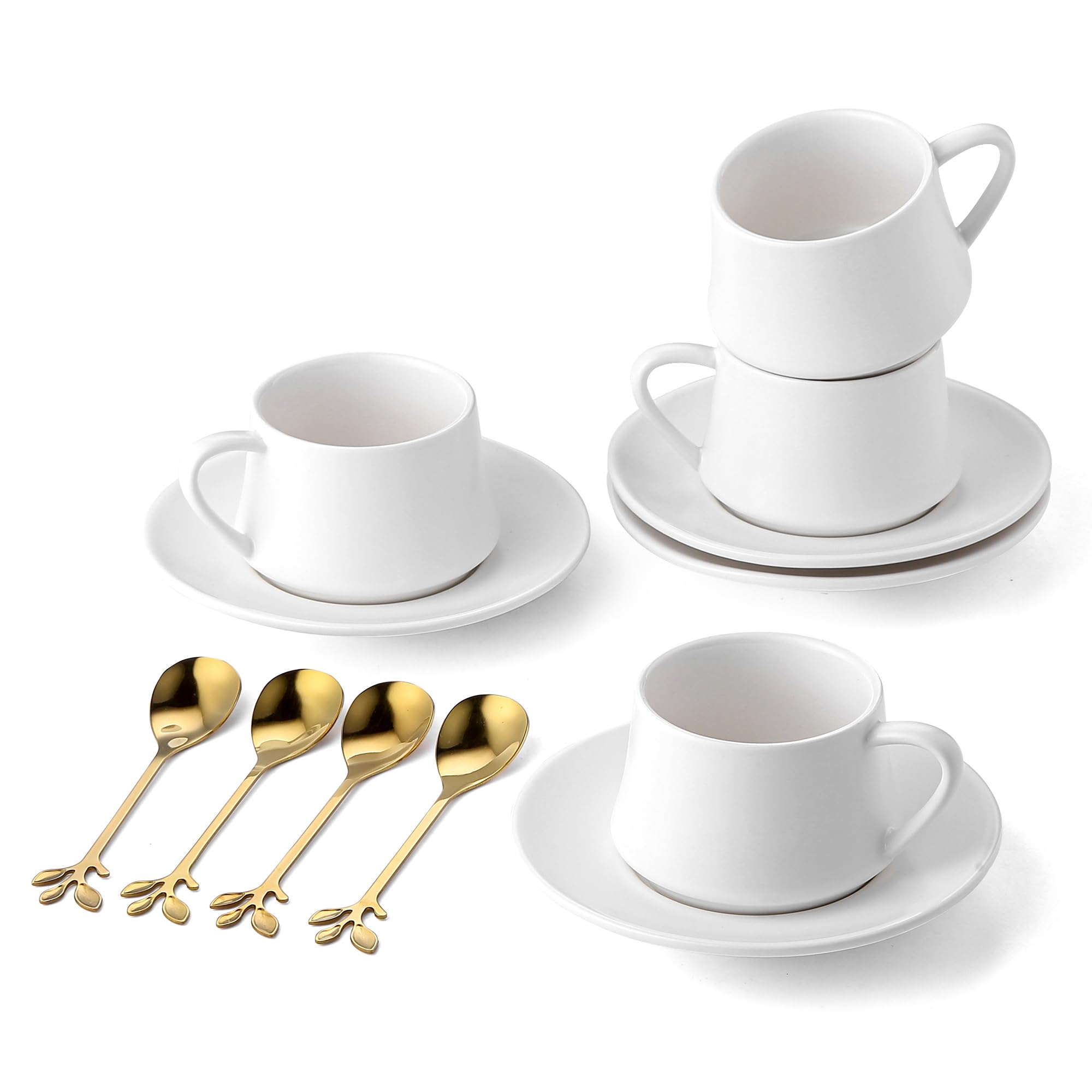 Lareina4 Ounce Espresso Cups with Saucers and Spoons, Small Coffee Cups Set of 4, Ceramic Demitasse Cups for Nespresso Lungo, Double Espresso, White