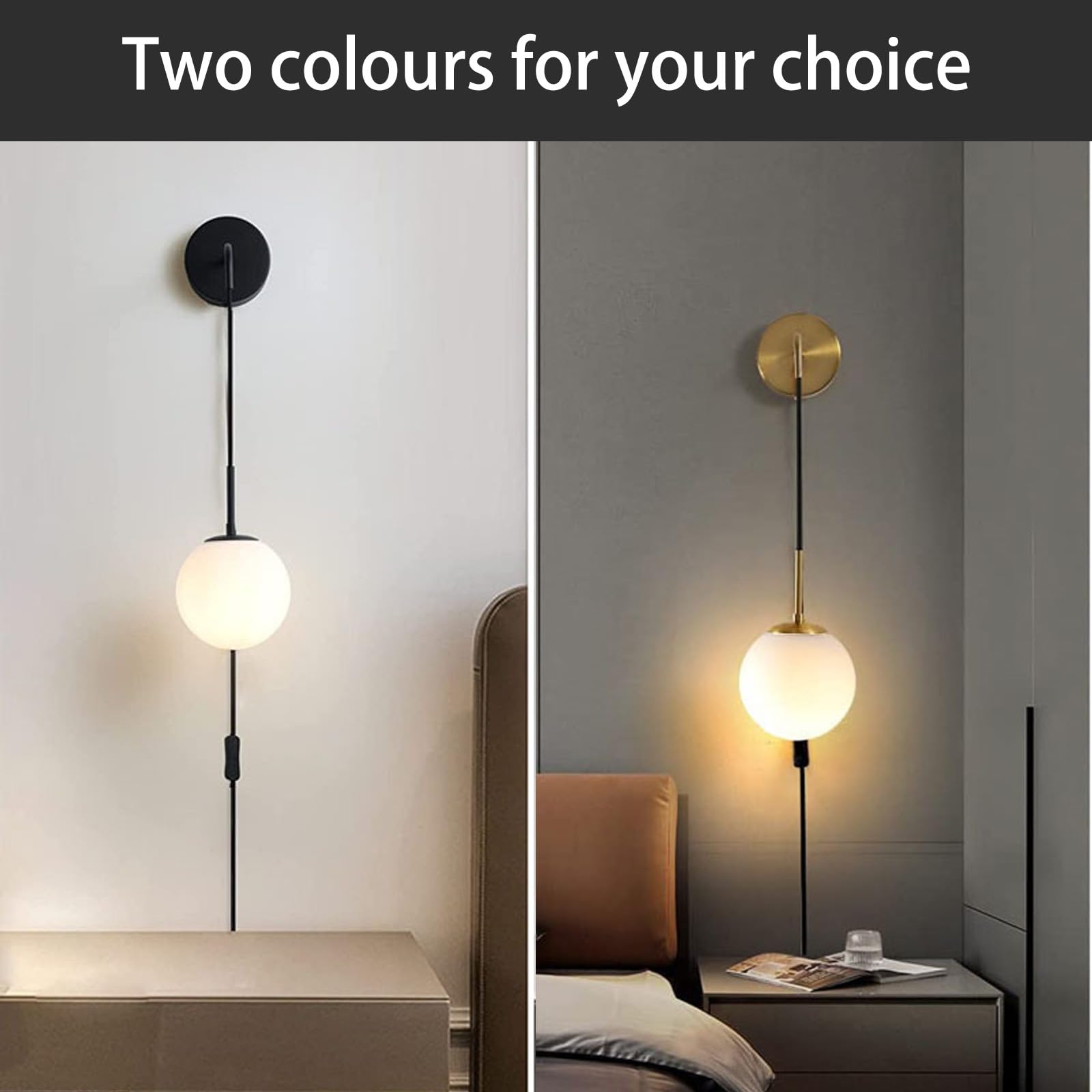 Appliques murales d'intérieur E27 avec Prises et interrupteurs Applique Murale avec Abat-Jour en Verre et Pendentif en métal Lot de 2 luminaires en Or Noir Vanité Chambre Salon