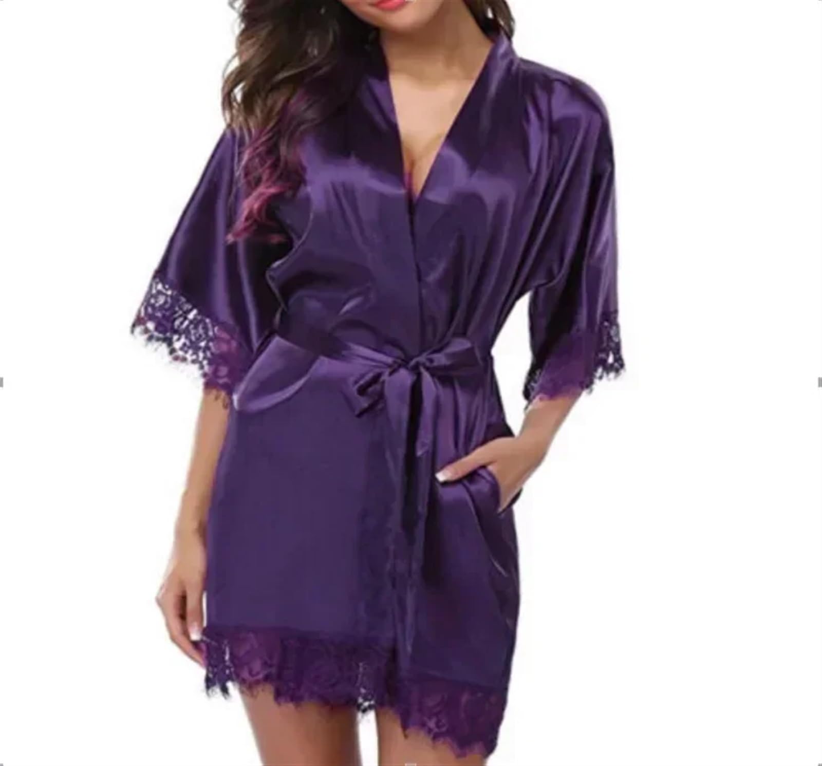 Dunsby Unisex Purple Satin Bathrobe Satin Nightdress For Women Night Robe Sexy Lingerie Soft Sleepwear Smooth Lace Robe Dress Bathrobe Ladies Pajamas Nightgown Sleepwear Bathrobe(,Xxl)