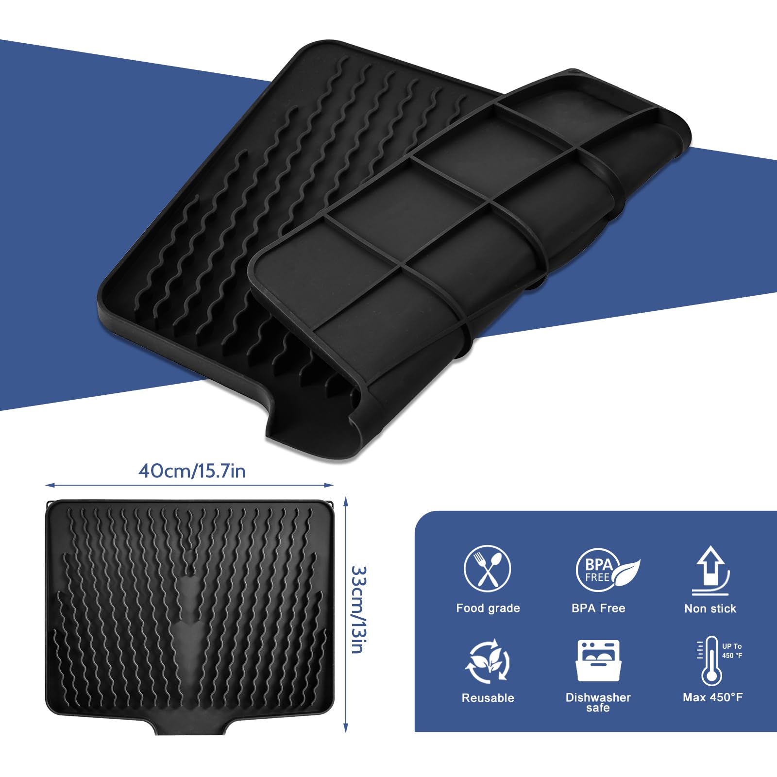 Silicone Dish Drying Mat with Built-in Drain Lip, Heat-resistant Silicone Mat for Kitchen Counter or Sink, Non-Slip Drain Mat Protects Surfaces Prevents Water Build UP (Black, 13x15.8 Inch)