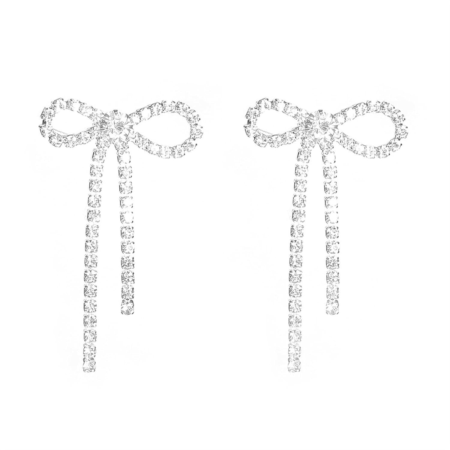 Suofrun Bow Earrings for Women Rhinestone Long Tassel Earrings Ribbon Bow Drop Earring Silver Stainless Steel Dangle Earrings