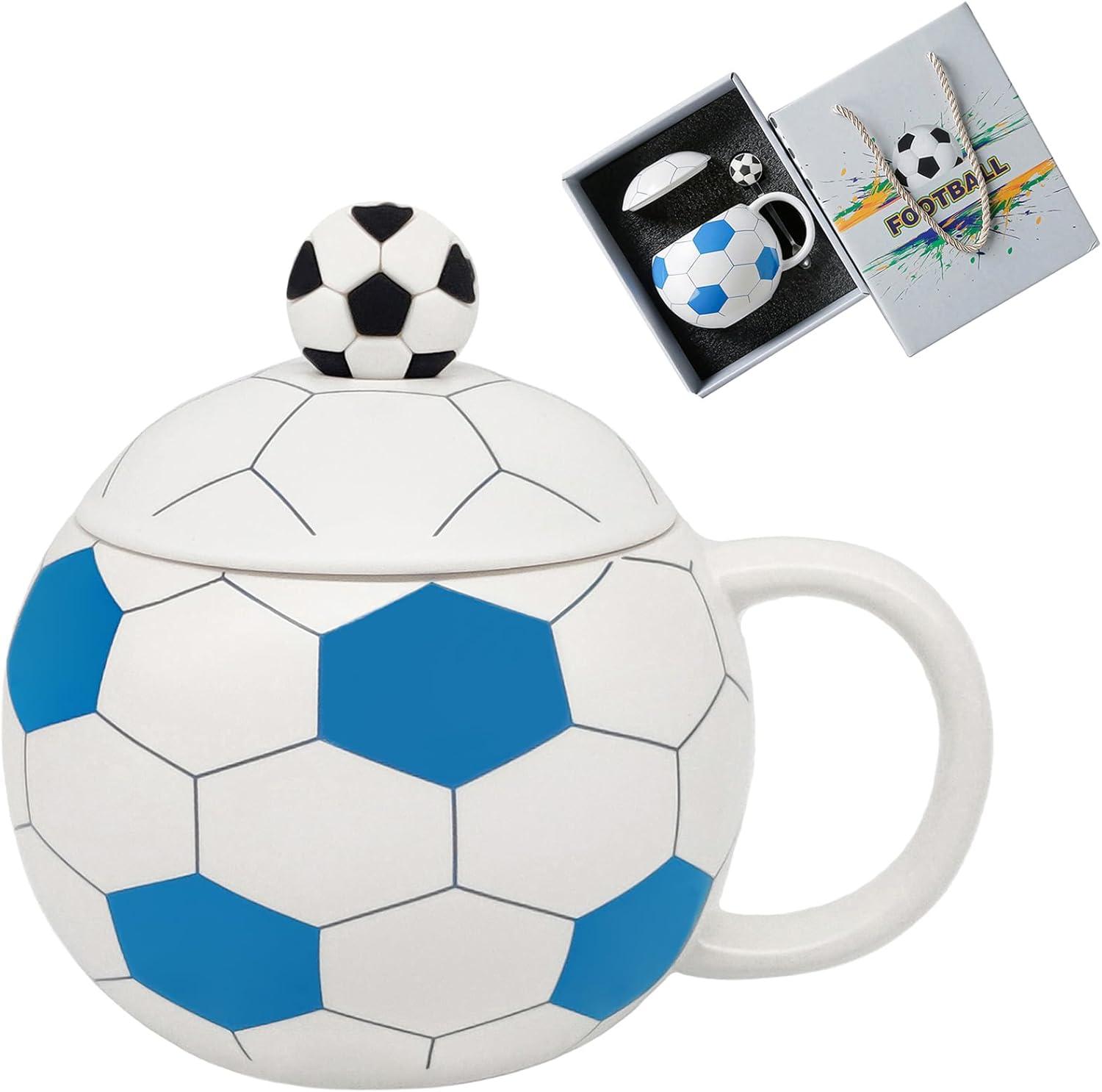 Cute Mugs 14oz Unique Ceramic Coffee Mug with Lid and Spoon, Funny Mugs Soccer Gifts for Coaches Fans and Players, Sports Cool Cups Soccer Teacups, Blue - Image 7