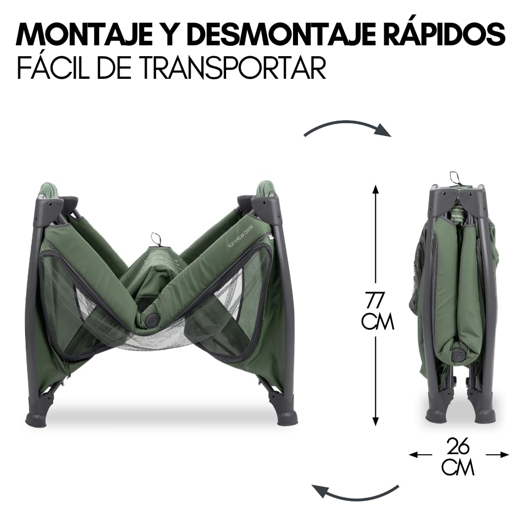 hauck Play n Relax Center Set de Cuna de Viaje Bebe con Colchon y Mosquitera | Dos Alturas para Recién Nacidos - Parque Infantil con Cambiador y Ruedas - Verde