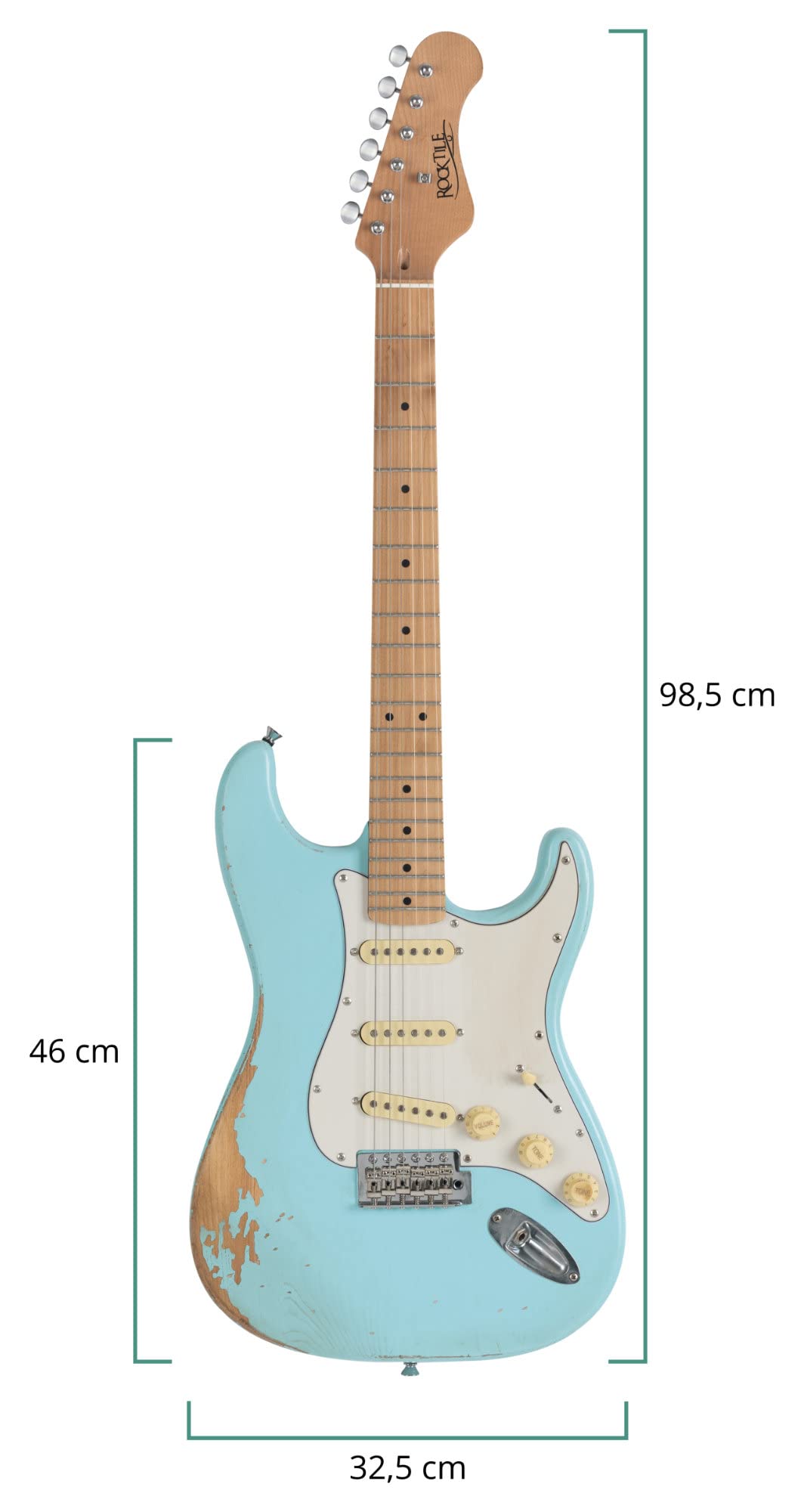 Rocktile Vinstage ST-RMGN E-Gitarre - Relic-Gitarre in Aged-Style - Korpus: Esche - Griffbrett/Hals: gerösteter Ahorn - 3x Single Coil Pickup - Vintage-Hardware - Bright Sky Blue