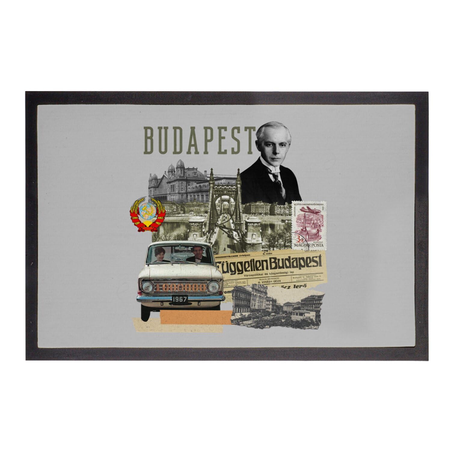 Paillasson gris 75x50cm Budapest Vintage Collage Voyage Hongrie