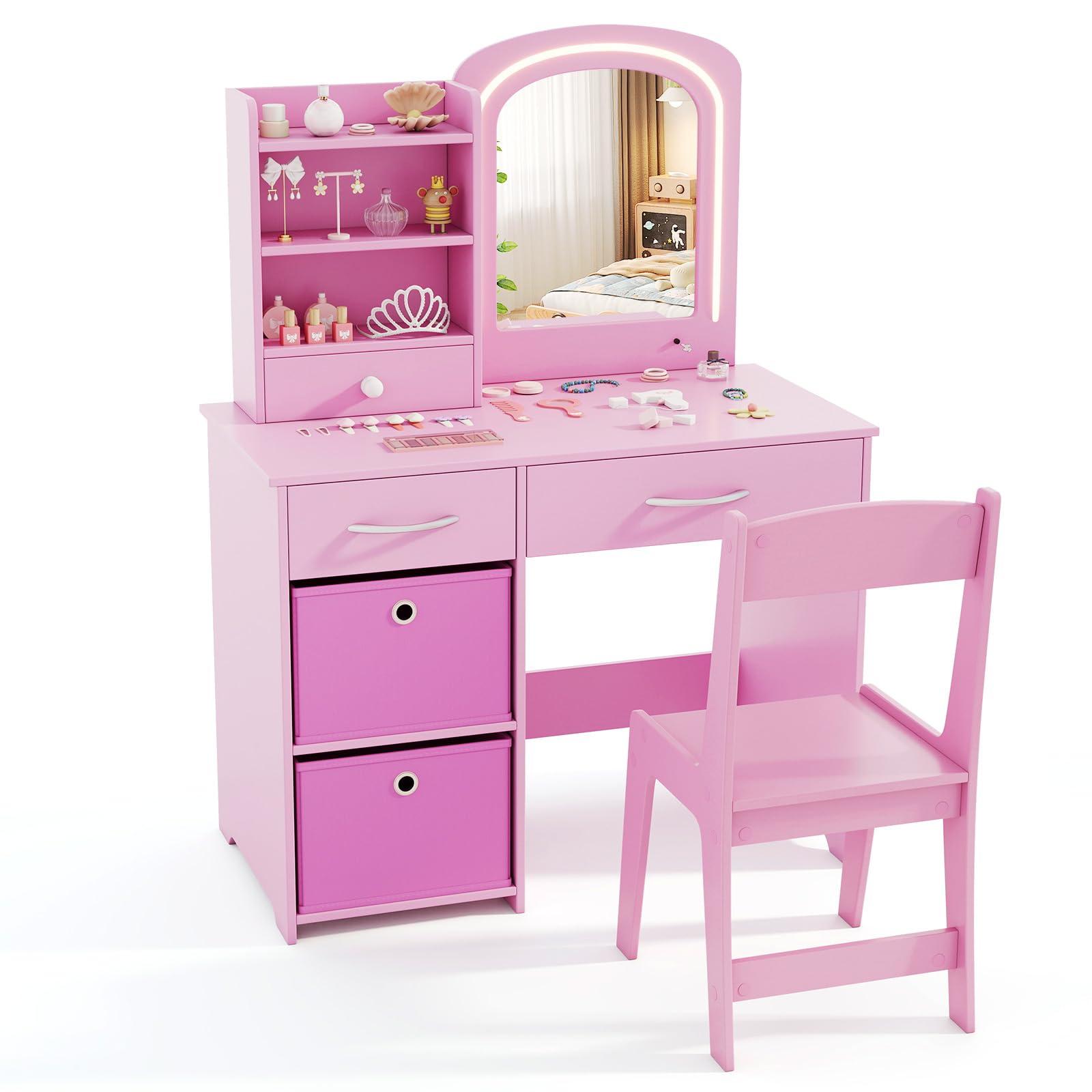 COSTWAY Tocador Infantil con Espejo Iluminado, Tocador de Maquillaje Niña con Espejo y Luces, Estantes Abiertos y 5 Cajones de Almacenaje, Mesa y Silla de Princesa para Niñas de 3+ Años (Rosa)