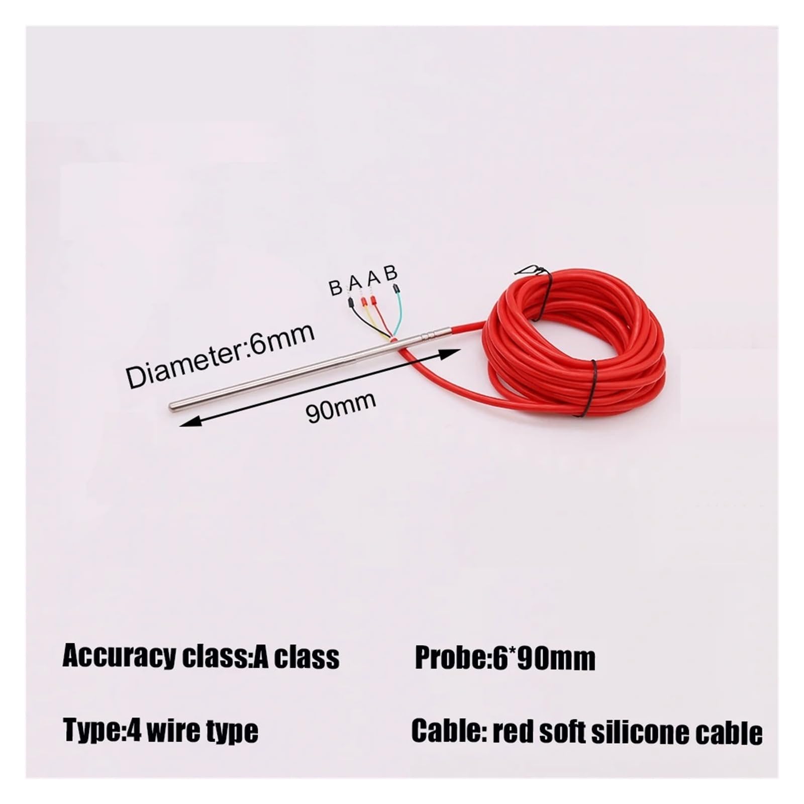 5 uds 4 cables tipo 6*90mm PT100 termopar sonda de temperatura impermeable Sensor alto con Cable silicona(With 5m cable)