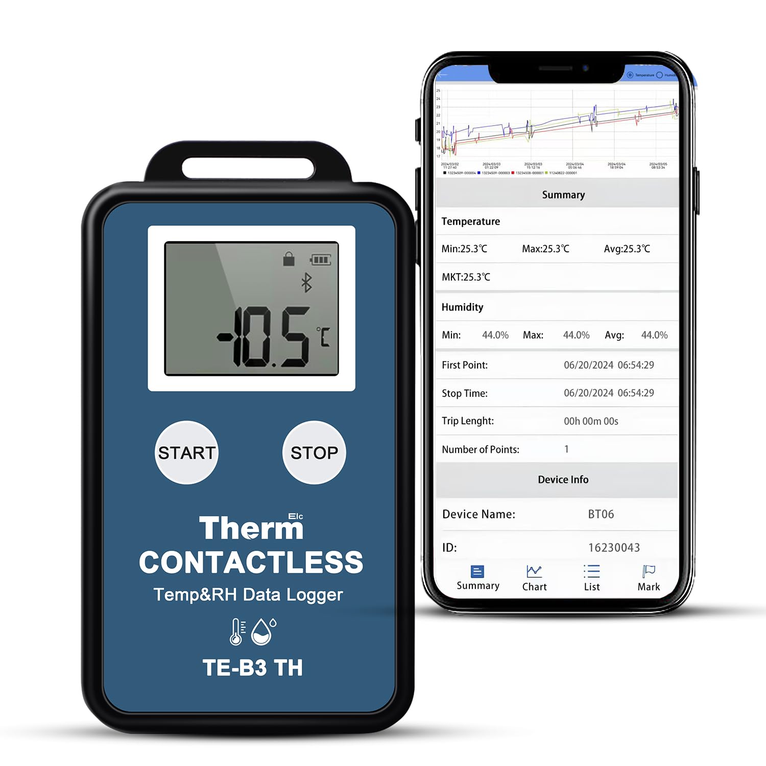 ThermElc TE-B3 TH Registrador temperatura y humedad bluetooth,alta precisión de ±0,3 °C,compatible con EN12830,32000 puntos, higrómetro inalámbrico para monitorización de congeladores de laboratorio