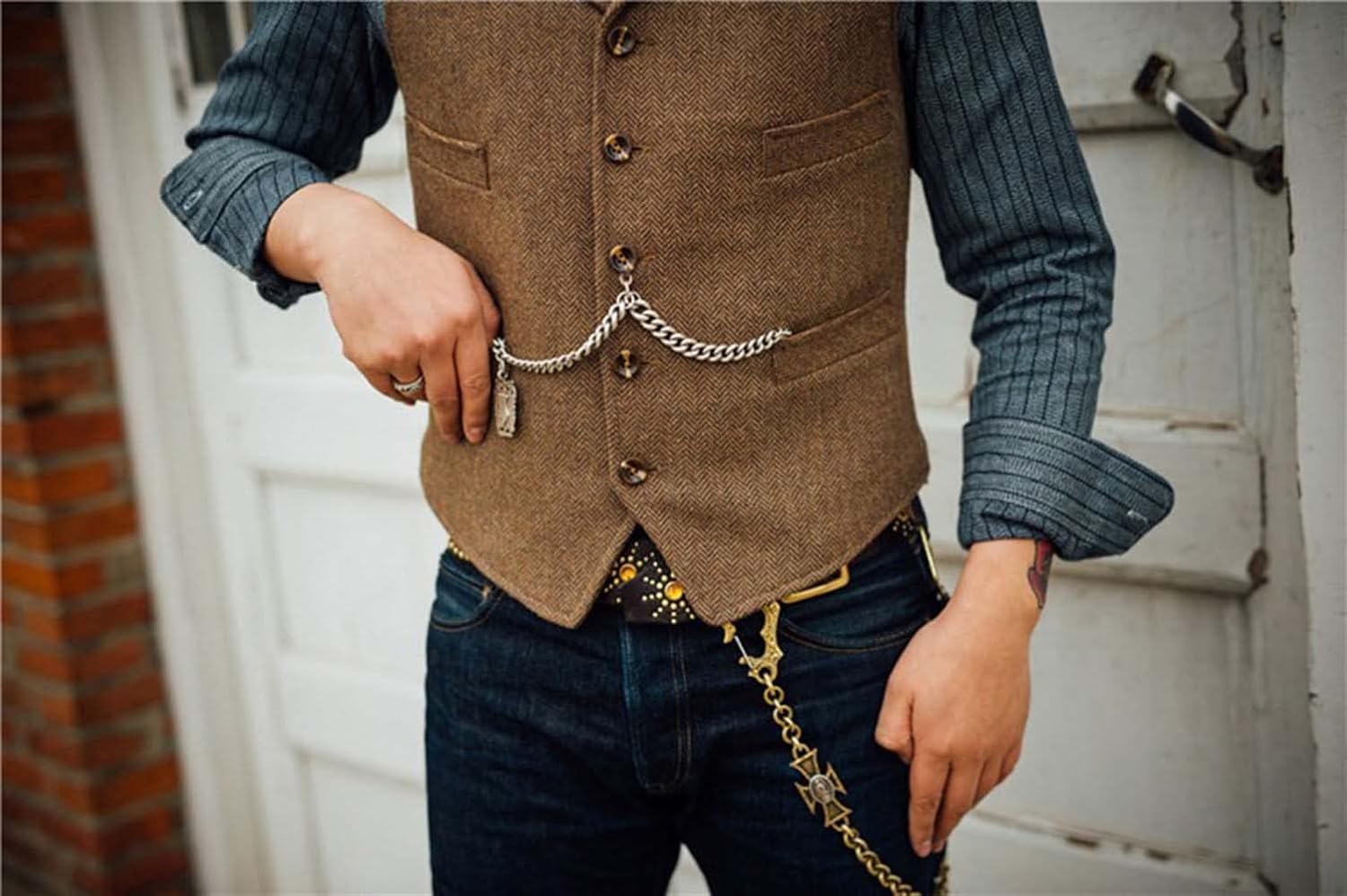 Vintage Men Vest Slim Fit Tweed Wool Herringbone Business Waistcoat for Wedding Groomsmen