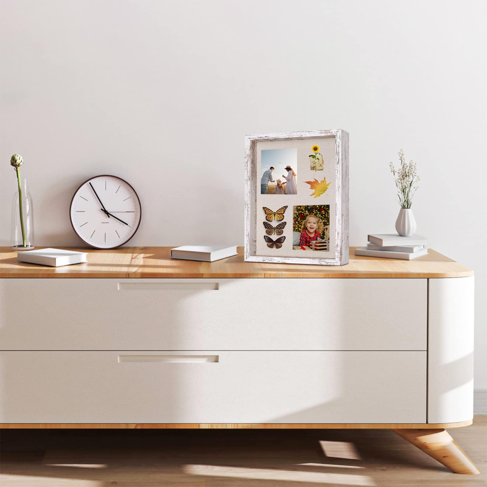 Califortree 11x14 Shadow Box Frame with Linen Back - Sturdy Rustic Memory Display Case of Flower, Pictures, Medals and More, Distressed White