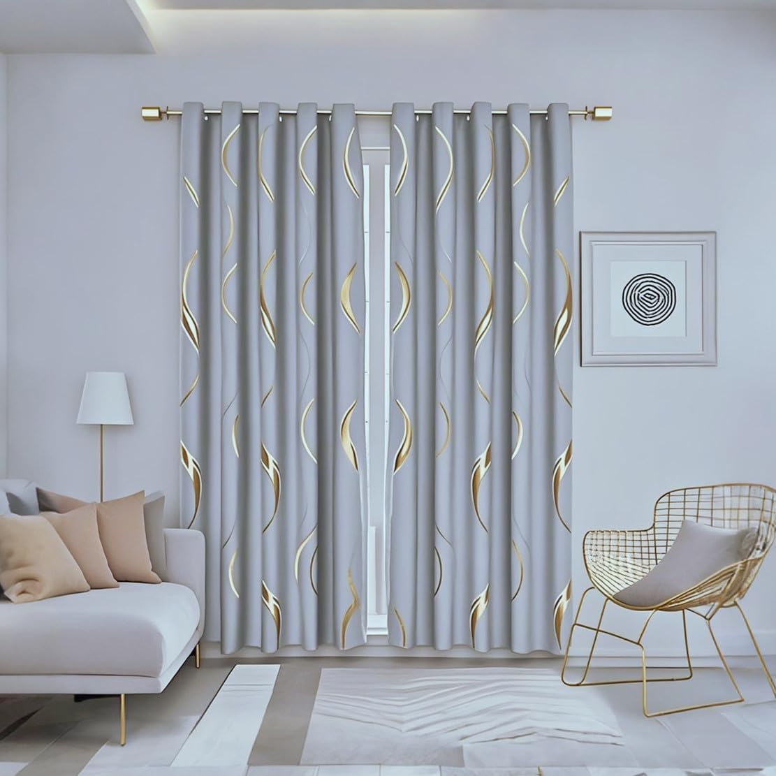 MYRU 2 Panels Set Luxury Striped Blackout Curtains for Bedroom Living Room (Bluish Grey and Gold, 2 x 66x84 Inch) - Image 2