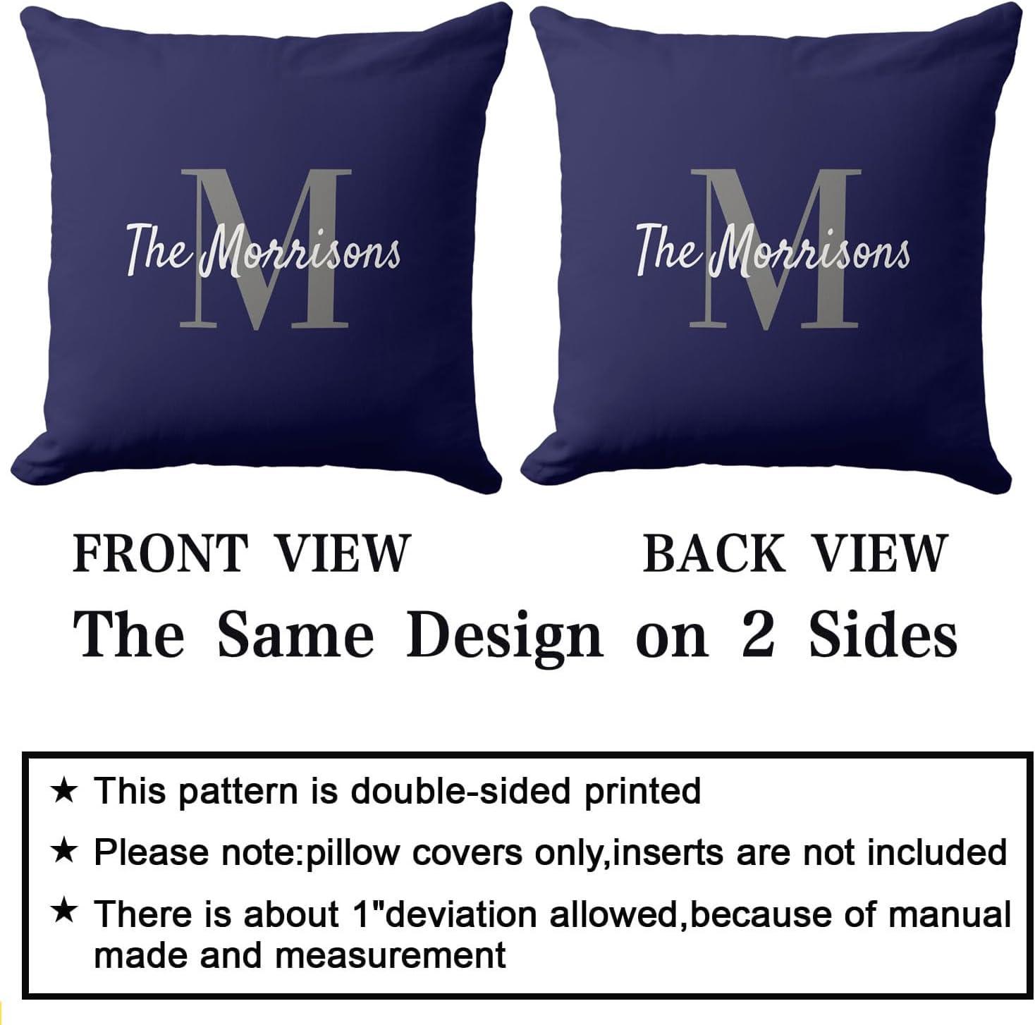 Big Family Name Monogram Solid Navy Blue Outdoor Pillow Covers 20 x 20inches Decorative Pillow Case for Sofa Couch Bed (Pillow Insert Not Include)