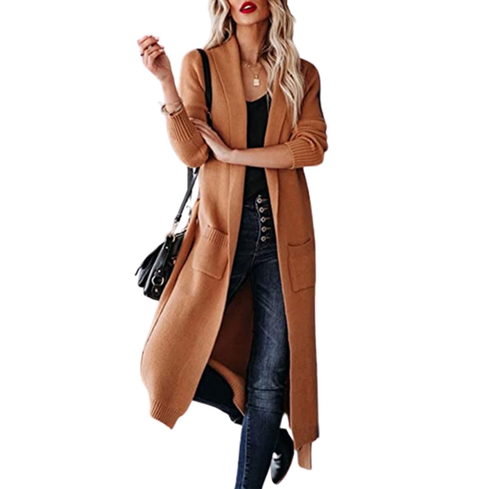 Cárdigan para mujer, cárdigan largo de punto con cinturón, cuello en V, manga larga, informal, cómodo, elegante, con frente abierto, cómodo, abrigo de punto