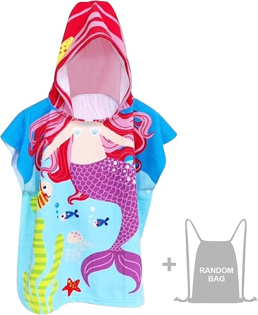 Mermaid Kids Hooded Towel Poncho for Kids Beach Towel Swimming Pool Bath Towel Surfing Towel Microfibre Ultra Soft and Absorbent Bathrobe for Boys Girls Children Toddler 2-8 Years Old