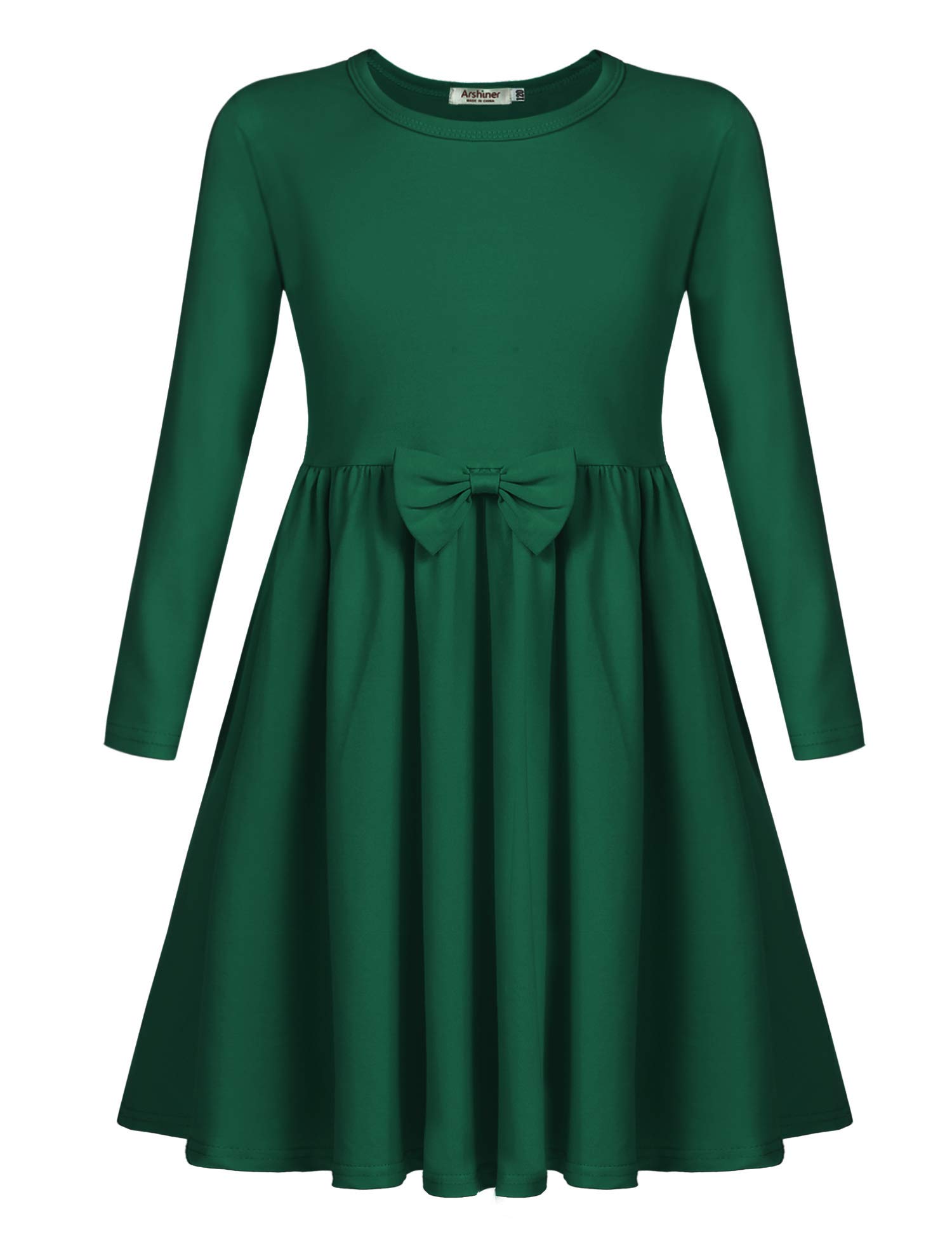 Arshiner Vestido de Las Niñas de Manga Larga Vestidos de los Niños Vestidos de Fiesta de Algodón con Pajarita Cuello Redondo Básico Vestido Casual para Las Niñas 4-12 años