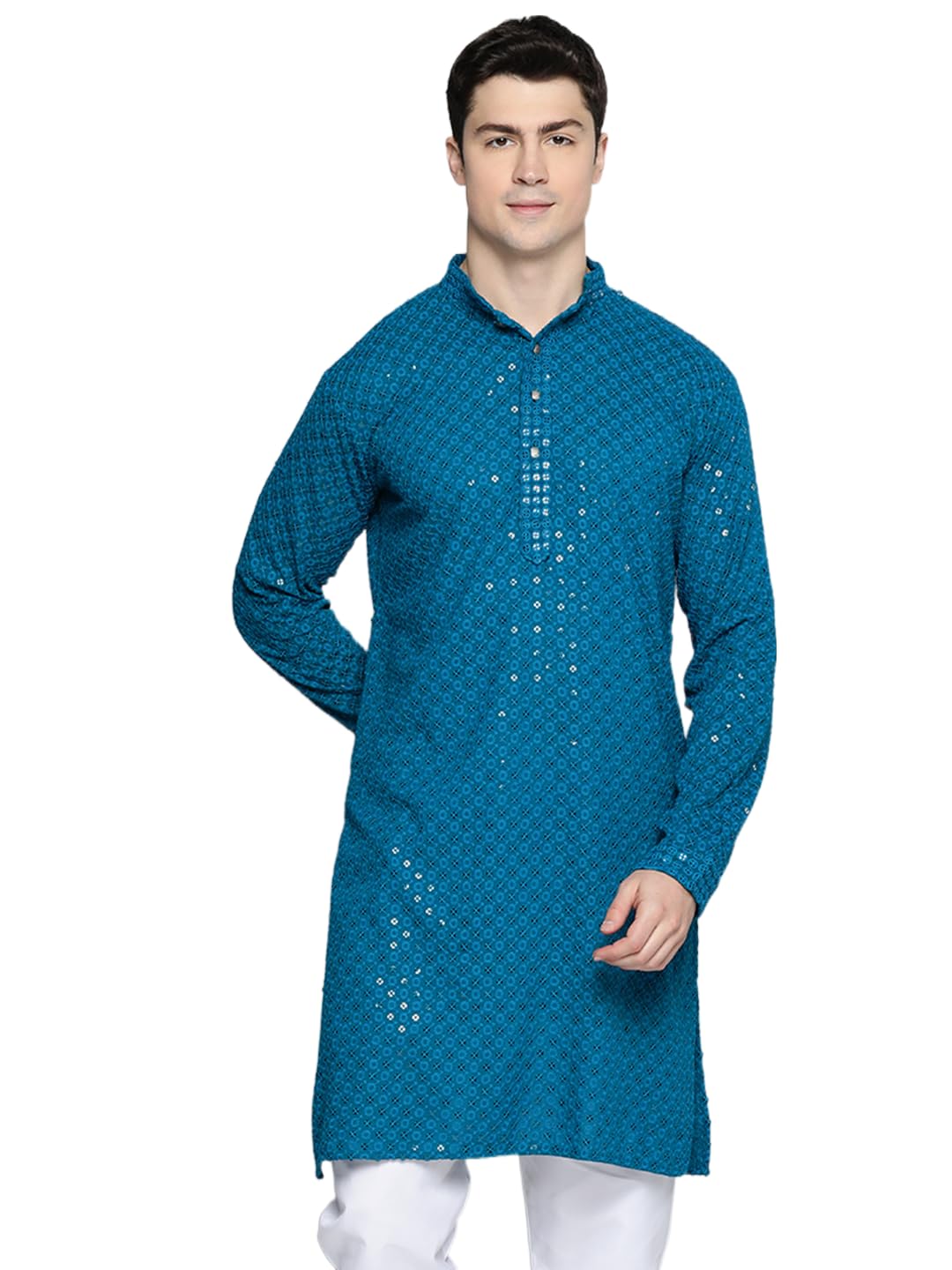 Jompers Mens Peacock Chikankari Embroidered And Sequence Kurtas (Peacock, Xl)