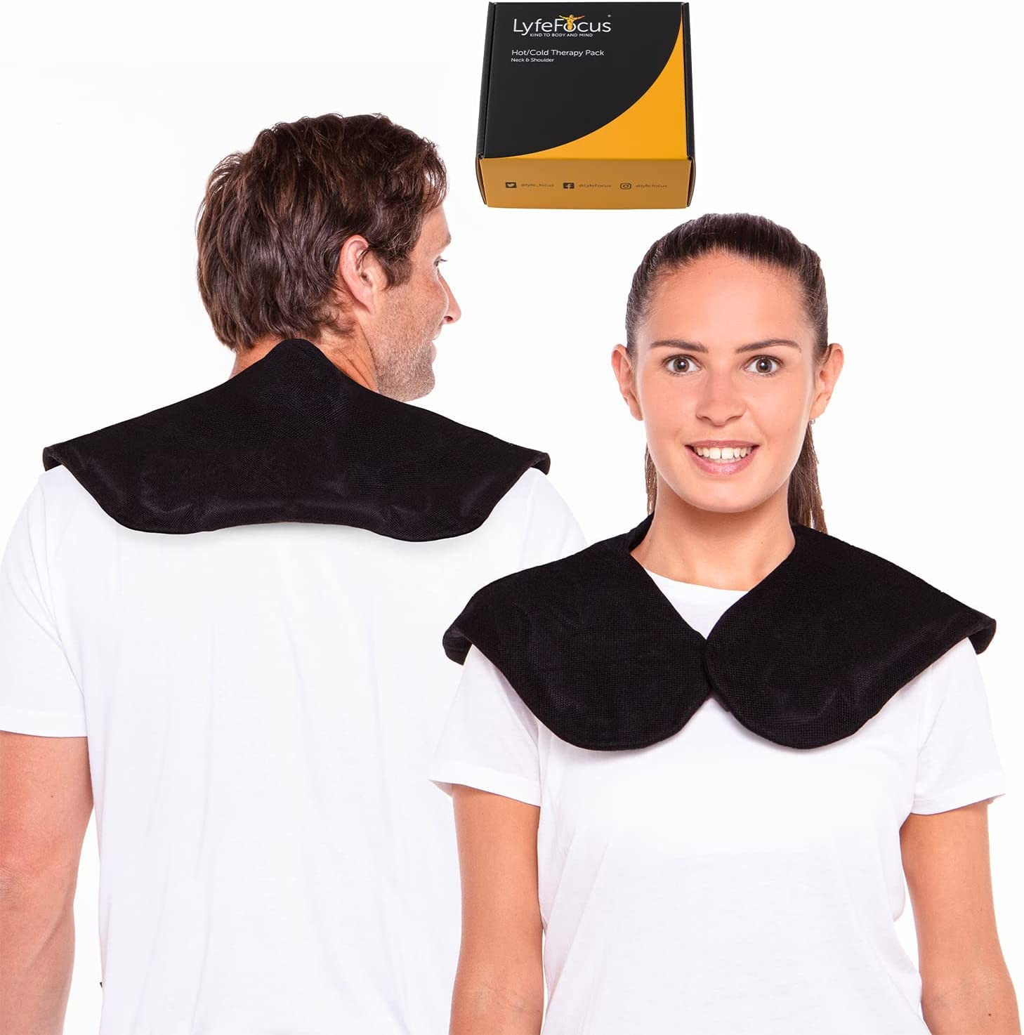 LyfeFocus Reusable Hot & Cold Pack for Neck & Shoulder Pain - Flexible, Microwaveable & Freezable Gel Heat Wrap & Ice Pack - Shoulder Heat Pad for Tension & Pain Relief – Protective Cover (Black)