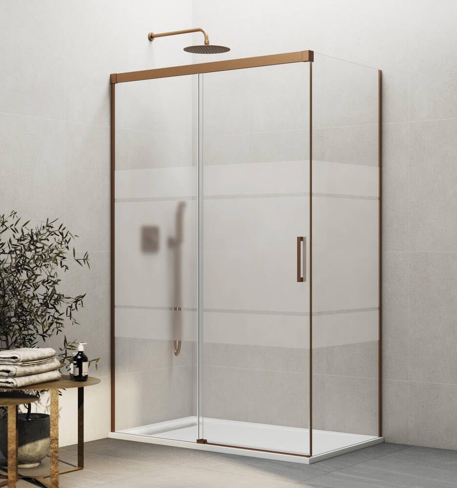 GME - Mampara Ducha Frontal Oro Rosa Cepillado 135cm 1 Fija + 1 Corredera + 80cm Panel Lateral Fijo | Mampara de Cristal Reversible 6mm con Ancho Adaptable y 196cm de Altura