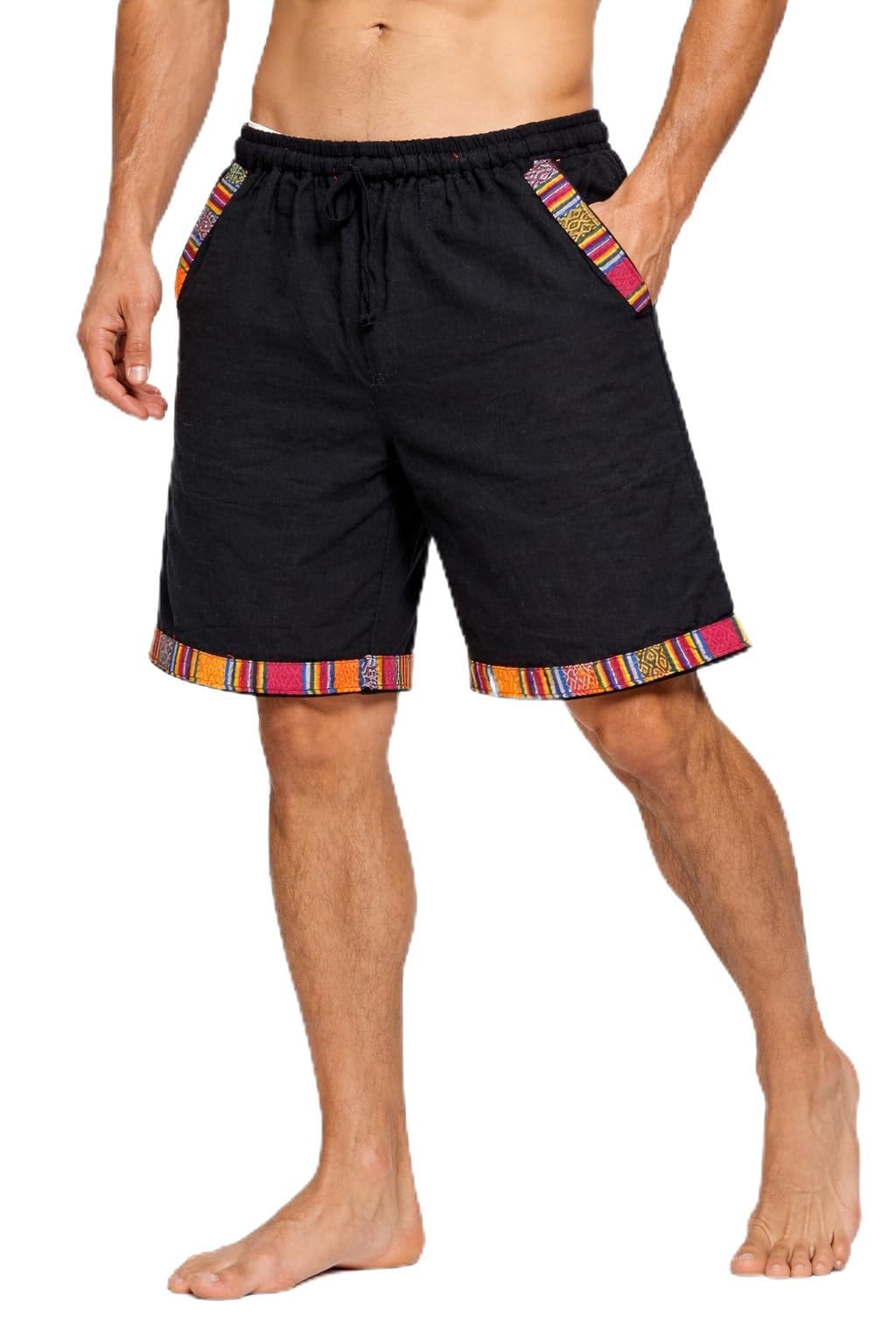 Khadi Nepali Pahadi Shorts, Black with Colorful Striped Trim, Traditional Ethnic Design, Drawstring Waist-image-9