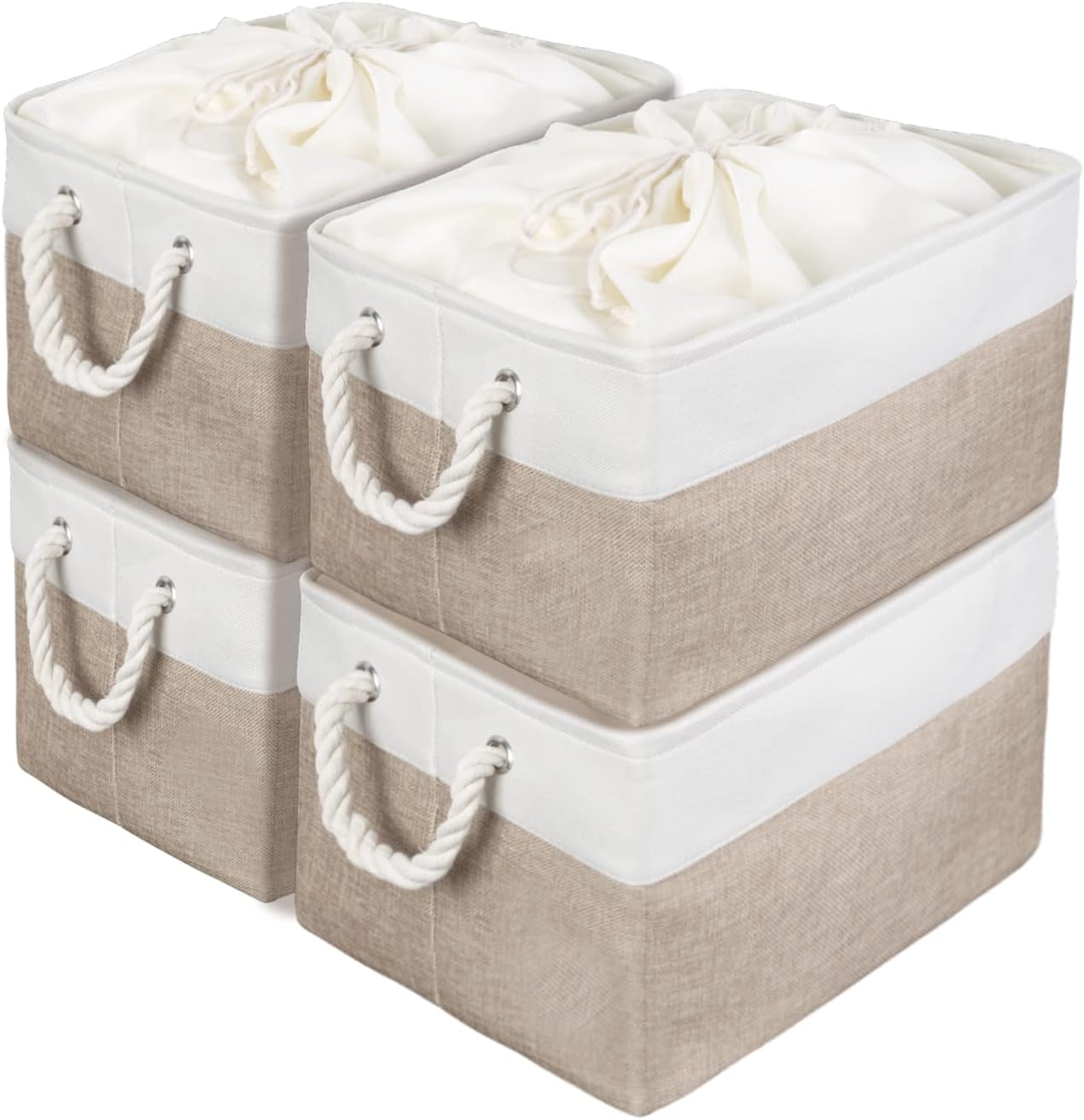 4 Pack Foldable Storage Bin with Drawstring Closure and 2 Bold Handles