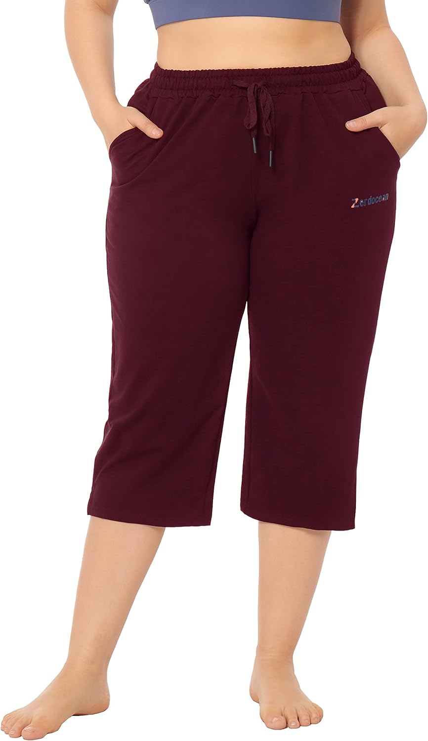 ZERDOCEAN Women's Plus Size Active Yoga Lounge Indoor Jersey Capri Walking Crop Pants with Pockets Drawstring - Image 2