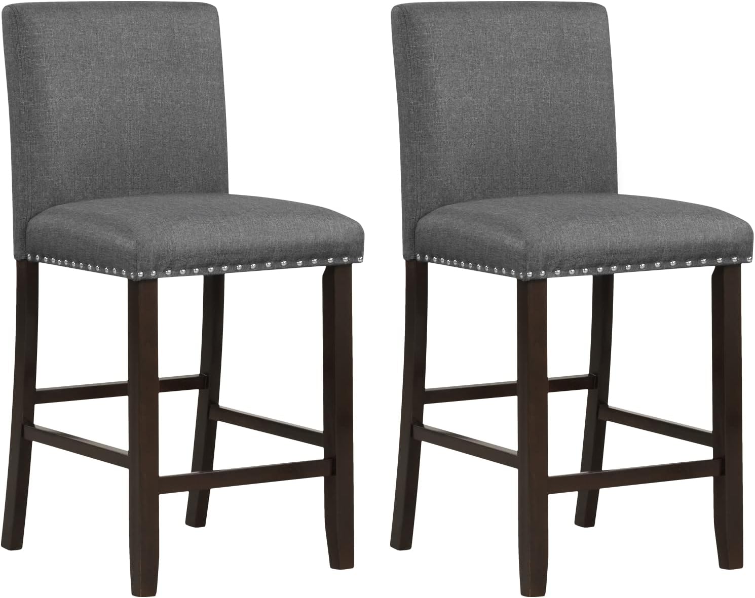 Set of 2 Gray Leather and Wood Bar Stools with Rivet Details