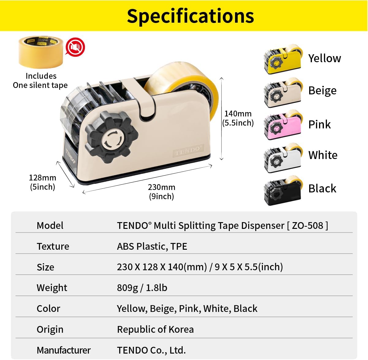 [TENDO°] Multi-Section Tape Dispenser ZO-508: Innovative Cutter for Custom Tape Width (Beige)