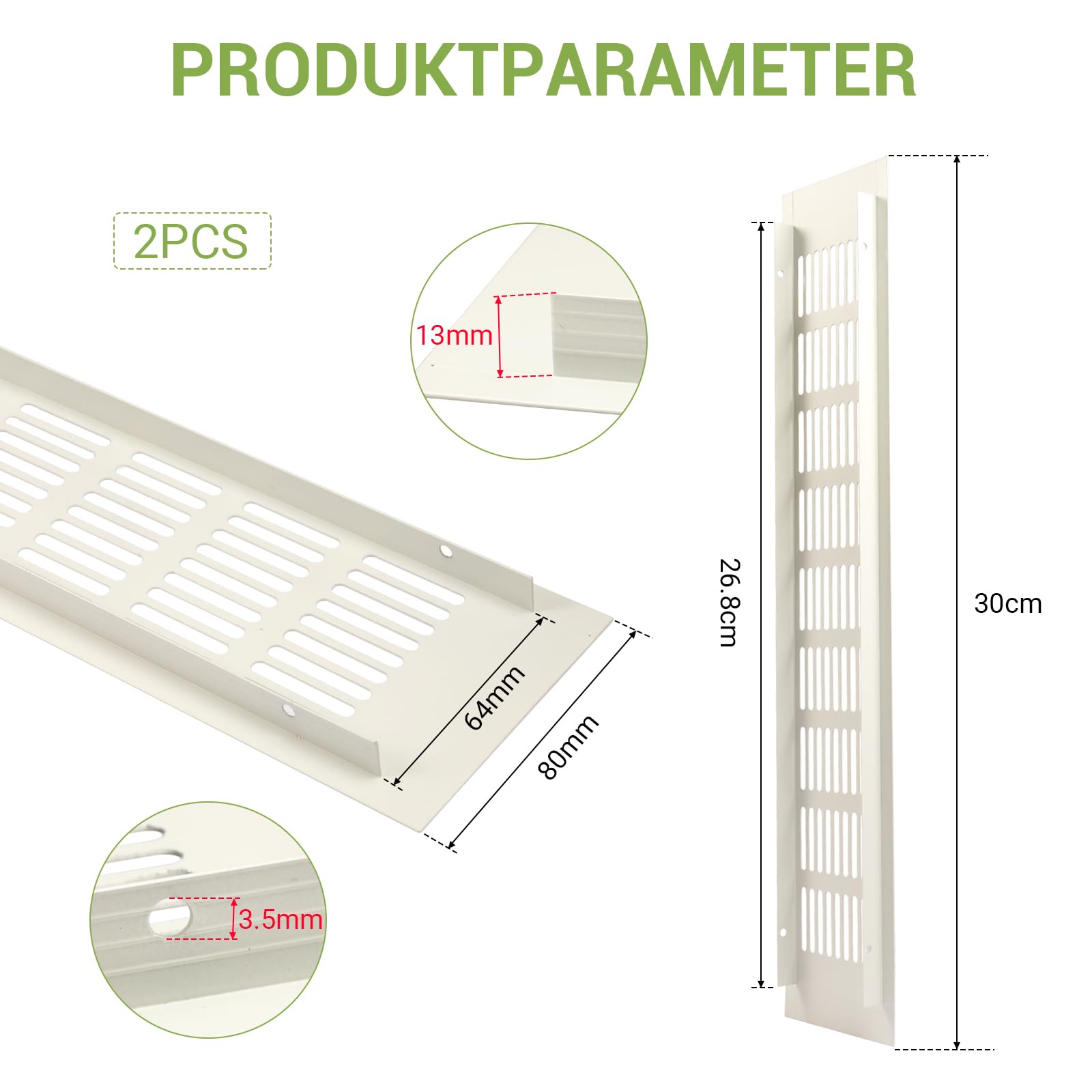 Dshunnc 2 Stück Lüftungsgitter Rechteckig, 30x8cm Aluminium Belüftungsgitter Tür, Türlüftungsgitter Weiß Mit 8 Schrauben, für Schuhschrank, Wohnzimmer, Bad, Küche Lüftungsgitter Kühlschrank - 3
