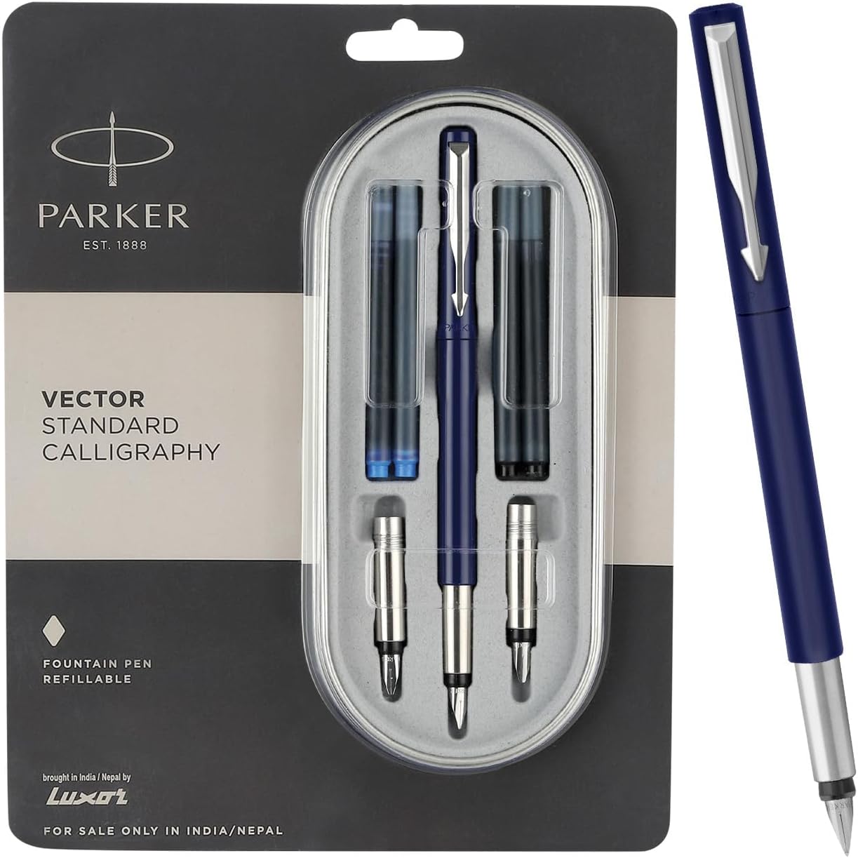 Parker Vector Standard Chrome Trim Calligraphy Fountain Pen | 7-Piece Set containts 2 Nibs, 2 Blue & 2 Black Ink Cartridges | Ideal for Creative Writing & Fine detailing