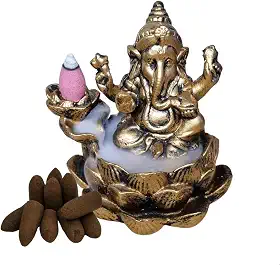 Incensário Cascata e Vareta Flor de Lótus Ganesha + 10 cones cascata incenso backflow fumaça invertida