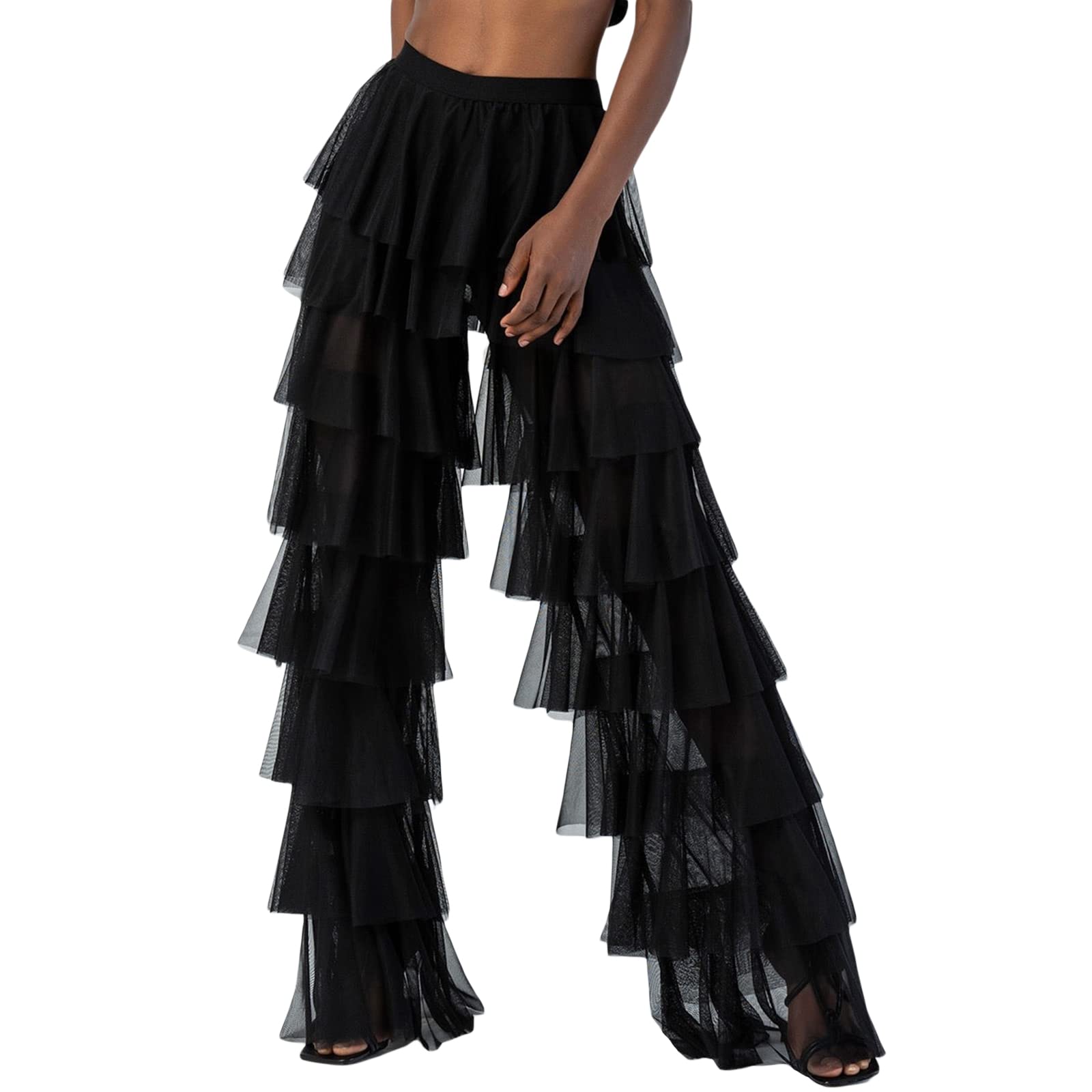 Womens Ruffled Tulle Pants Cover Up Pant Sheer Layered Tiered Tulle Loose Trousers Layered Pants
