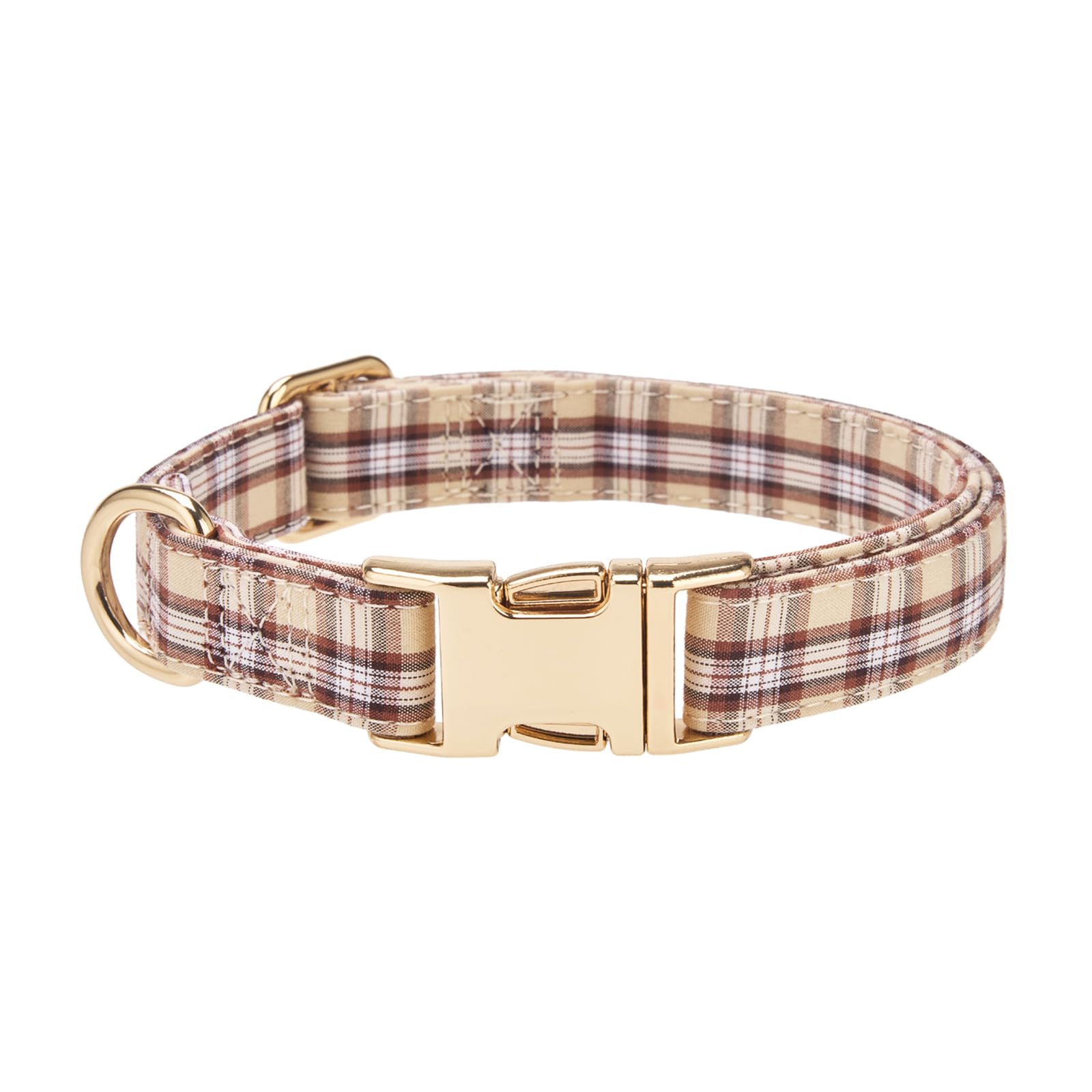 YUDOTE Tan Beige Plaid Dog Collar,Neutral Tartan Collar with Gold Quick Release Buckle,Soft Adjustable Checkered Pet Collar for Medium Dogs,Versatile Everyday Dog Collar(Tan,Medium)