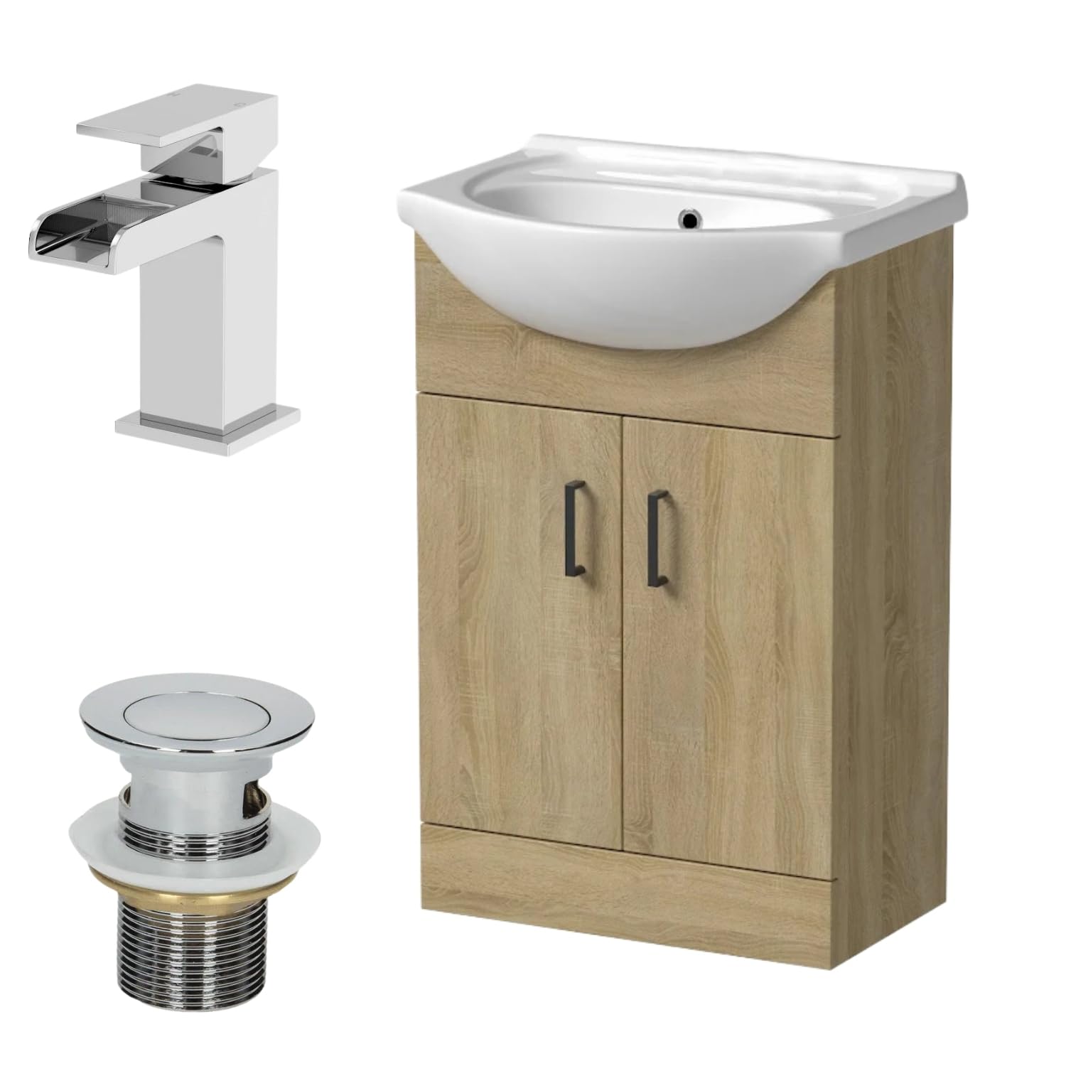 Affine® 560mm Bathroom Vanity Unit Ceramic Sink Floorstanding Storage Cabinet Cupboard & Chrome Waterfall Basin Tap & Waste Set, Oak Effect