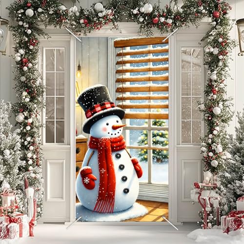 Image of Blissyard Merry Christmas Snowman Door Cover 35x71 Inch Double Sided Christmas Front Door Decoration with Red Scarf, Mittens, Snowflakes, Holiday Decorations for Indoor and Outdoor Winter Home Decor