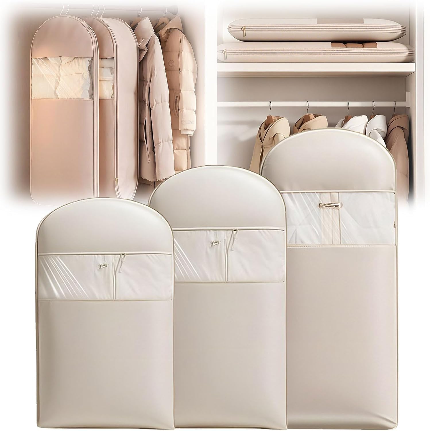 Lot de 3 sacs à vêtements à suspendre avec fermeture éclair auto-compression, organiseurs de placard pour manteau en duvet, sacs de rangement sous vide (beige, (taille M + L + XL)